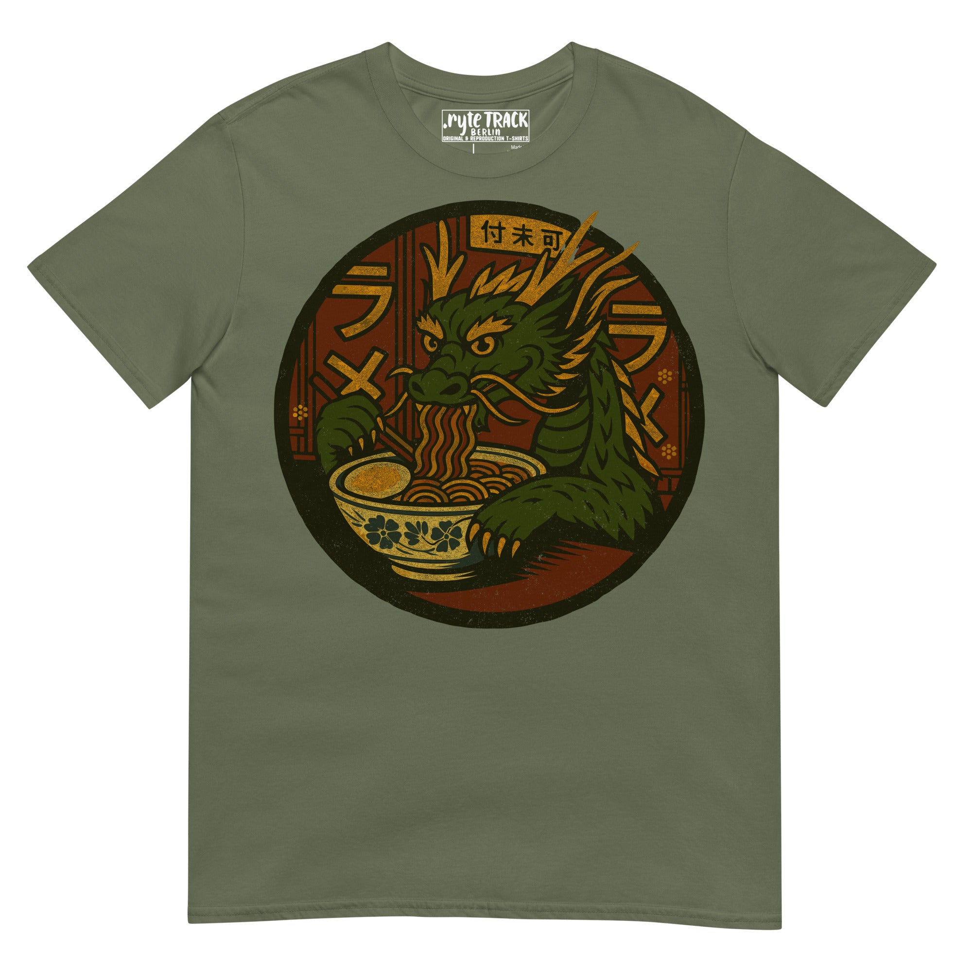 Dragon Eating Ramen Noodles T-Shirt – Fantasy lover gift, anime food humor tee, quirky novelty graphic shirt for adults.