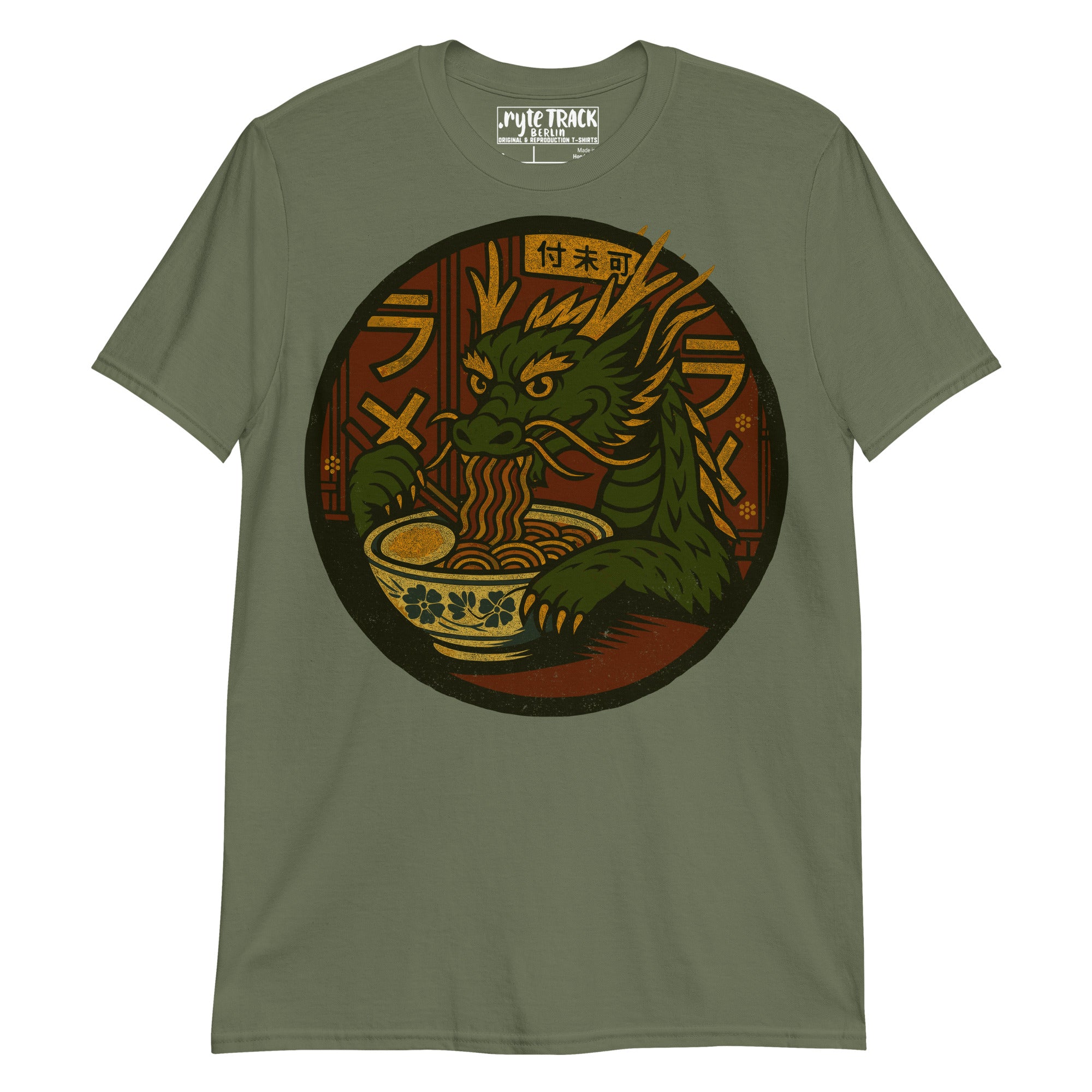 Dragon Eating Ramen Noodles T-Shirt – Fantasy lover gift, anime food humor tee, quirky novelty graphic shirt for adults.