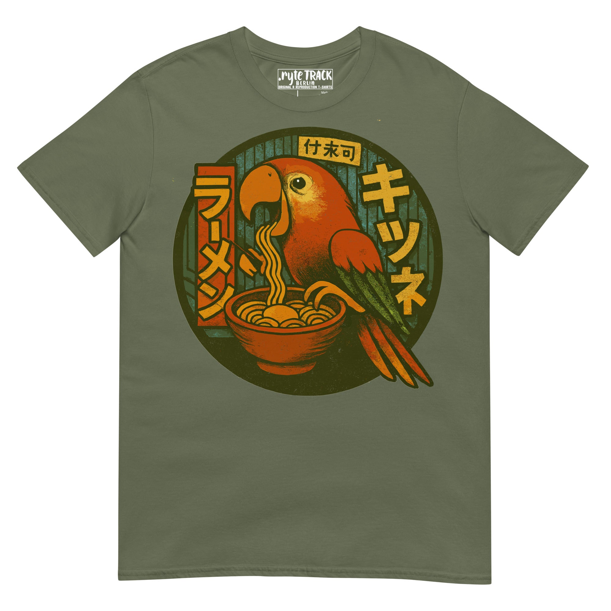 Parrot Eating Ramen Noodles Shirt – Funny bird lover gift, Japanese ramen humor tee, quirky novelty foodie graphic tee.