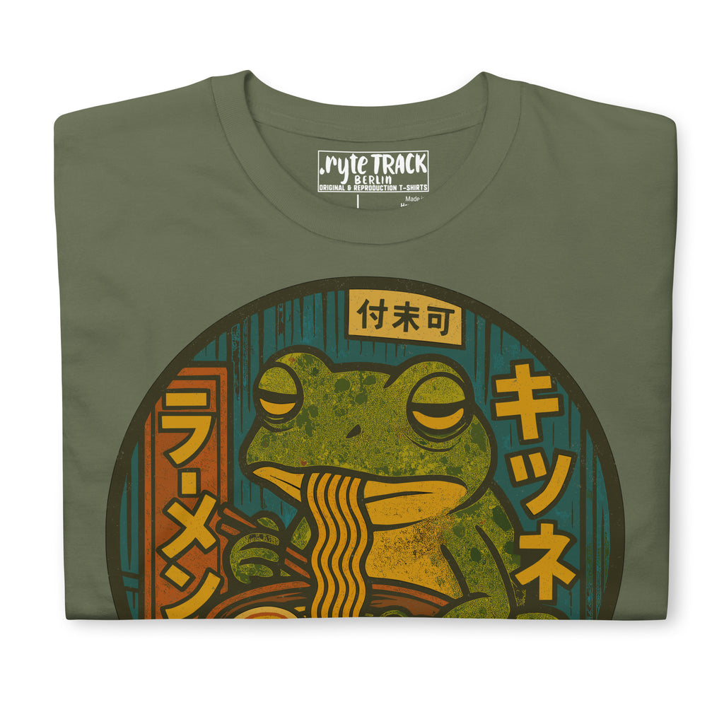 Frog Eating Ramen Noodles T-Shirt – Cute frog lover gift, anime food humor tee, quirky novelty graphic shirt for adults.