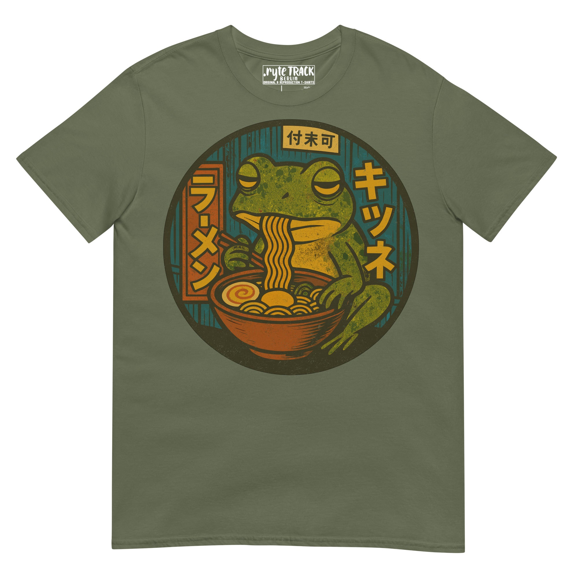 Frog Eating Ramen Noodles T-Shirt – Cute frog lover gift, anime food humor tee, quirky novelty graphic shirt for adults.