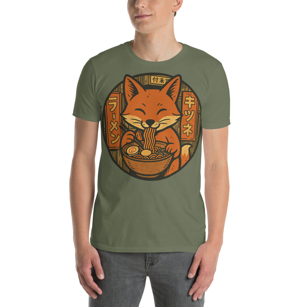 Fox Eating Ramen Noodles Shirt – Funny fox lover gift, Japanese ramen humor tee, quirky novelty foodie graphic fashion.
