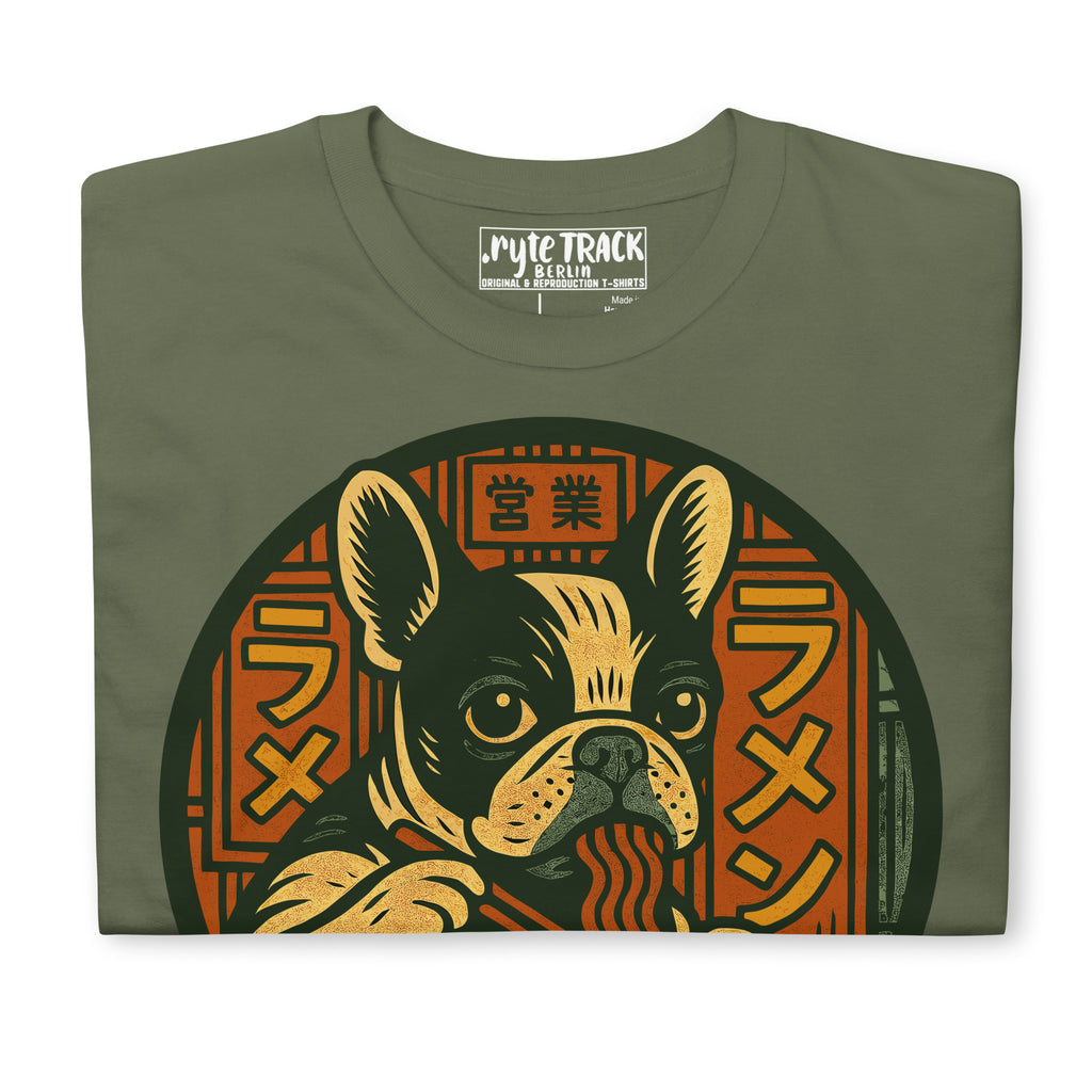 French Bulldog Eating Ramen Noodles T-Shirt – Cute dog lover gift, anime food humor tee, quirky novelty graphic shirt.