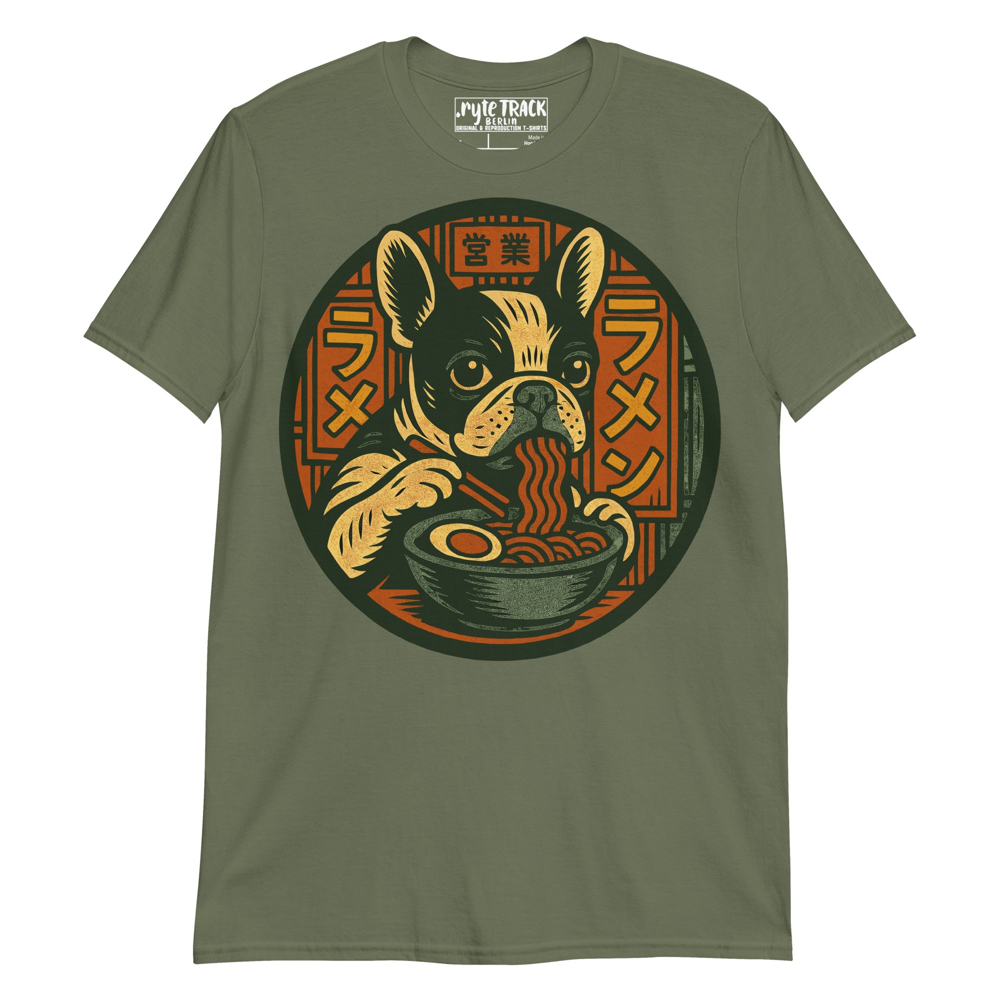 French Bulldog Eating Ramen Noodles T-Shirt – Cute dog lover gift, anime food humor tee, quirky novelty graphic shirt.