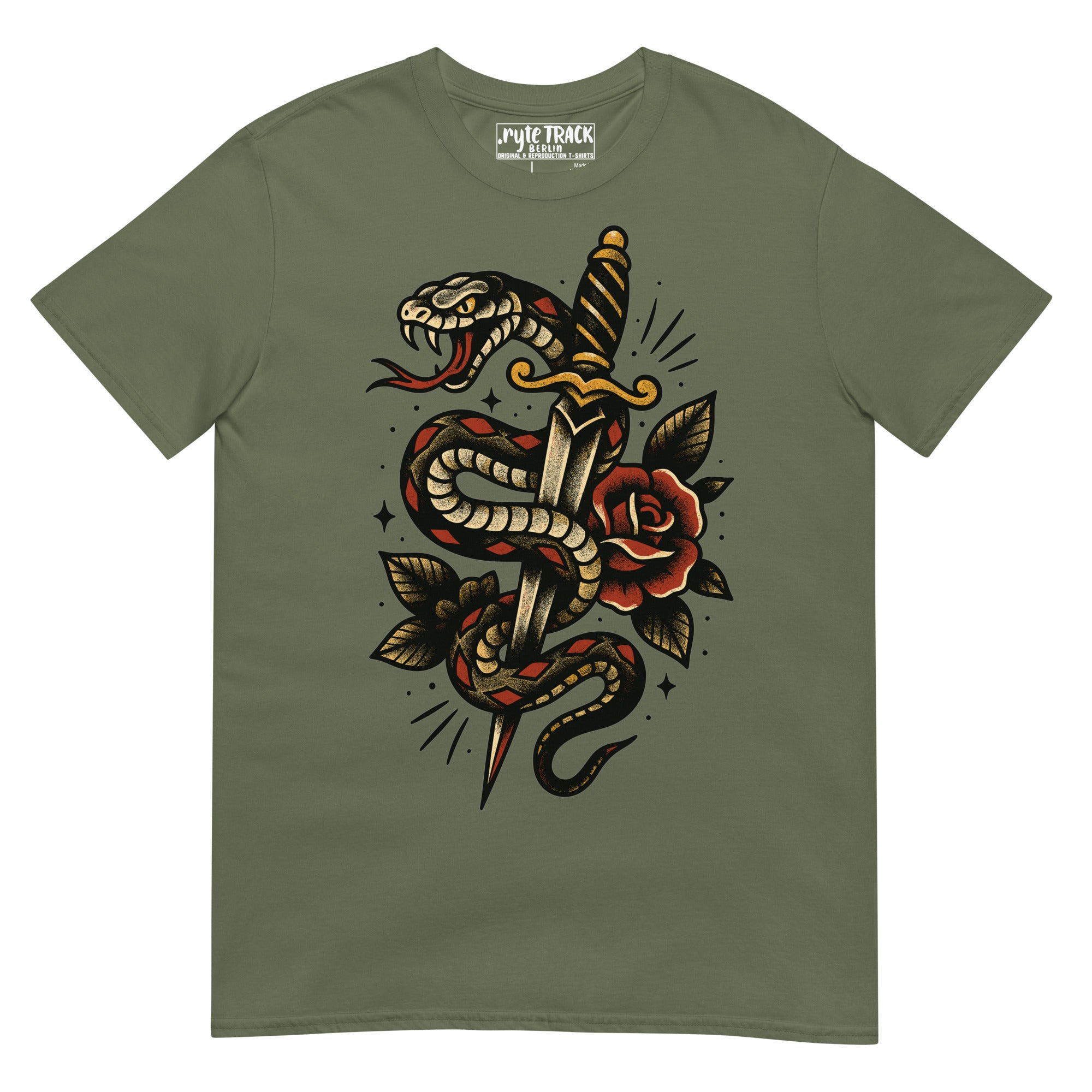 Traditional snake and dagger tattoo T-Shirt design inspired by vintage American tattoo flash and bold old school symbolism.
