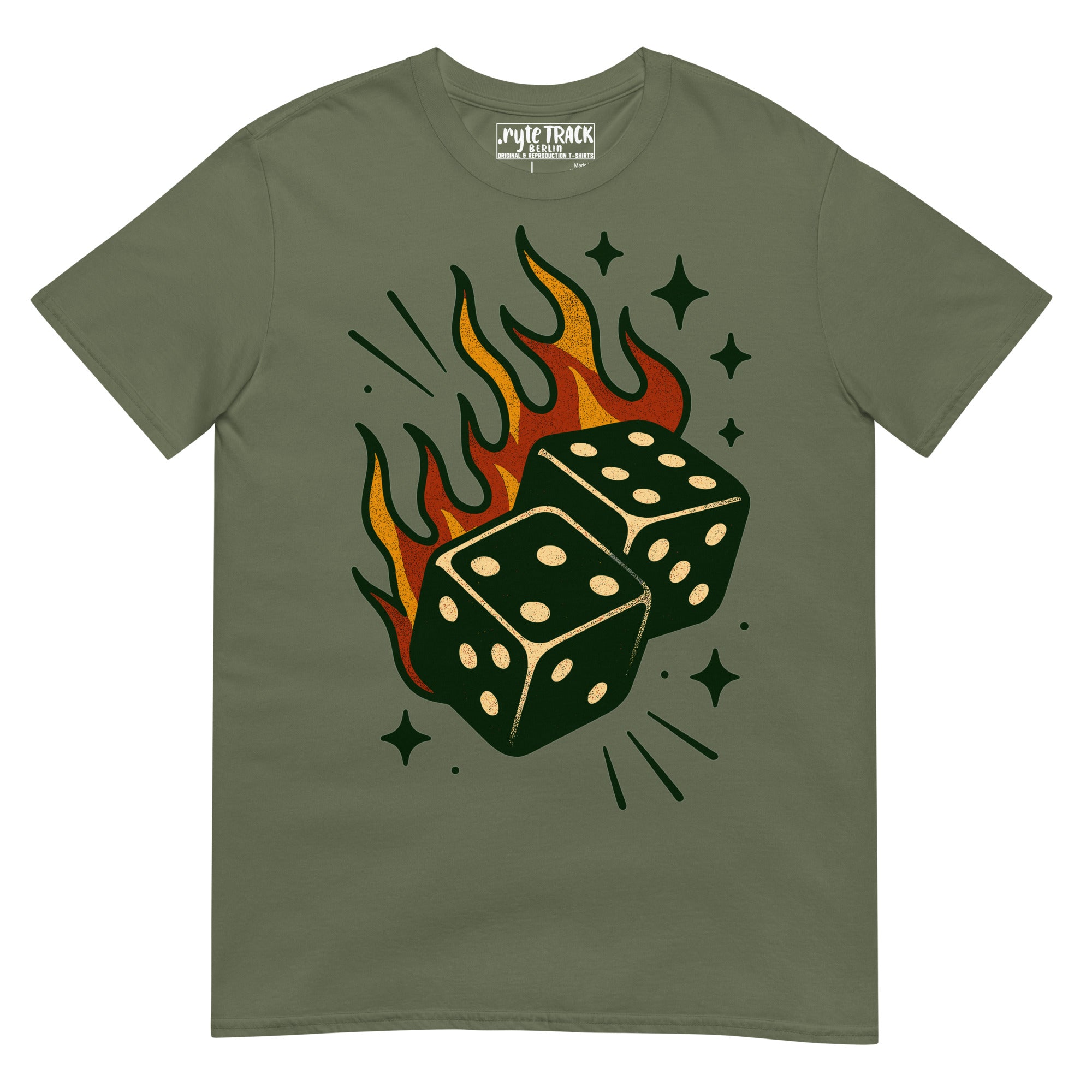 Flaming dice tattoo design inspired by classic American tattoo flash and gambling symbolism.