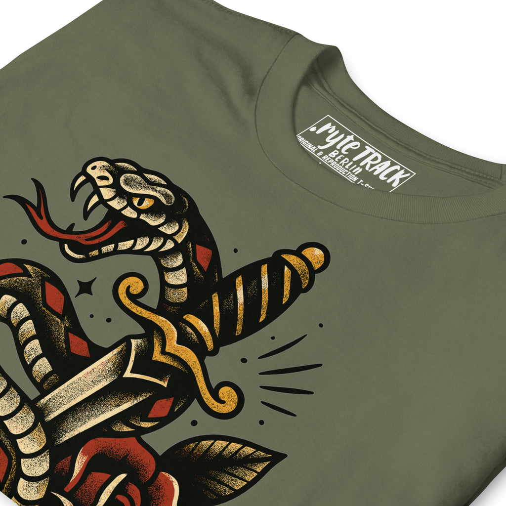 Traditional snake and dagger tattoo design inspired by vintage American tattoo flash and bold old school symbolism.