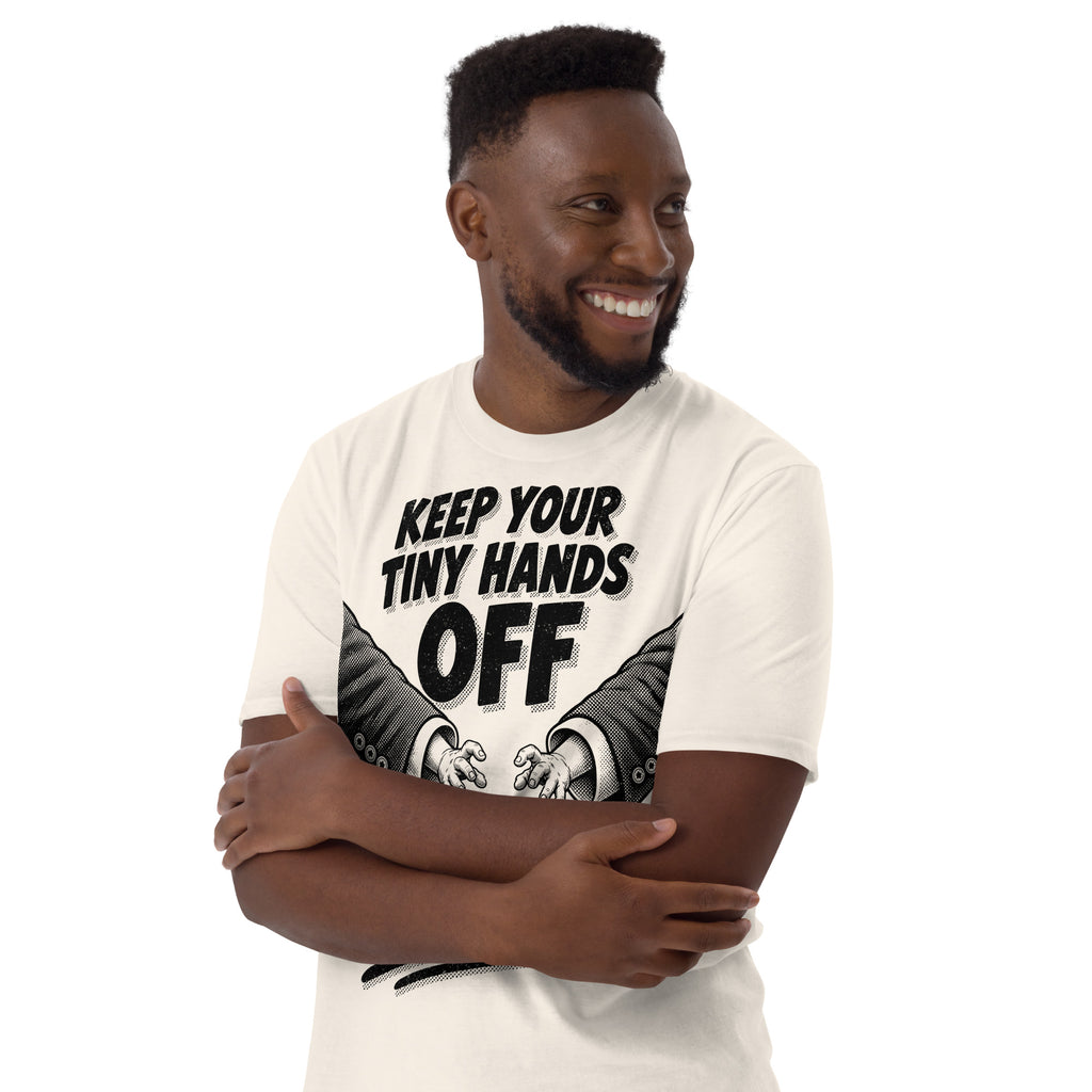 Man wearing hands off our vote protest t-shirt