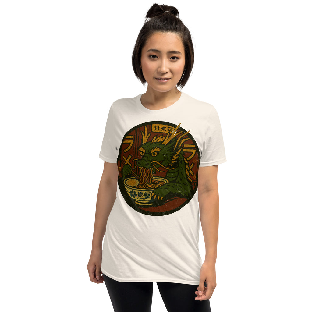 Dragon Eating Ramen Noodles T-Shirt – Fantasy lover gift, anime food humor tee, quirky novelty graphic shirt for adults.