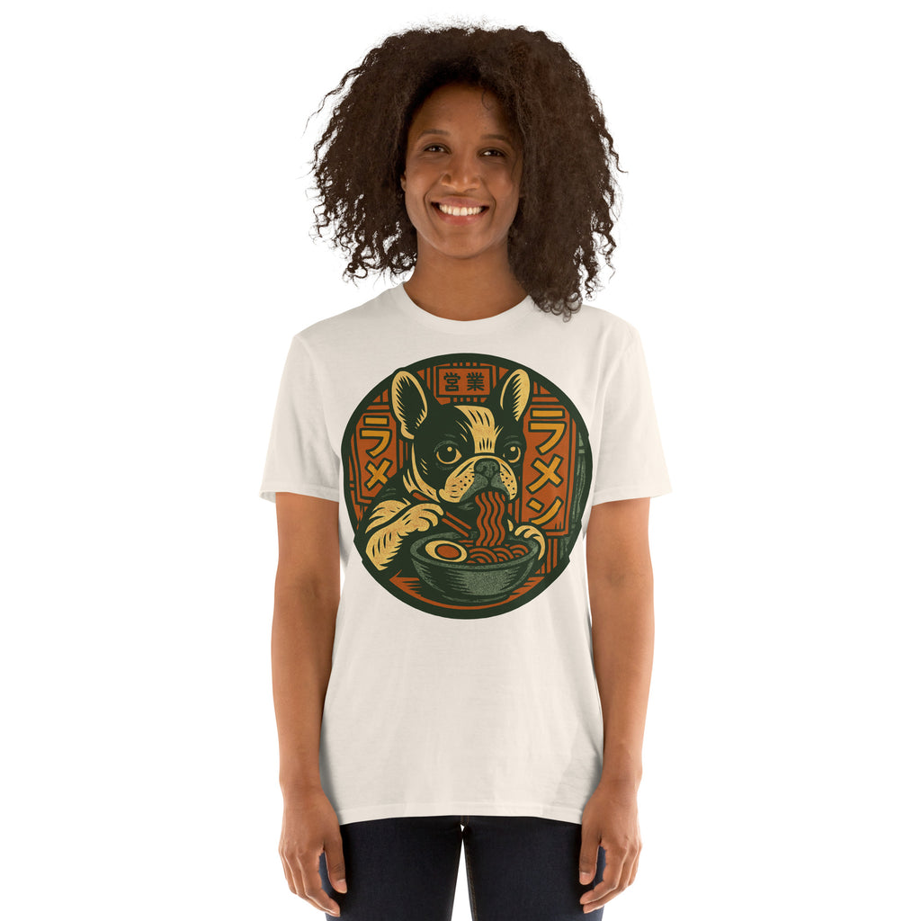 French Bulldog Eating Ramen Noodles T-Shirt – Cute dog lover gift, anime food humor tee, quirky novelty graphic shirt.