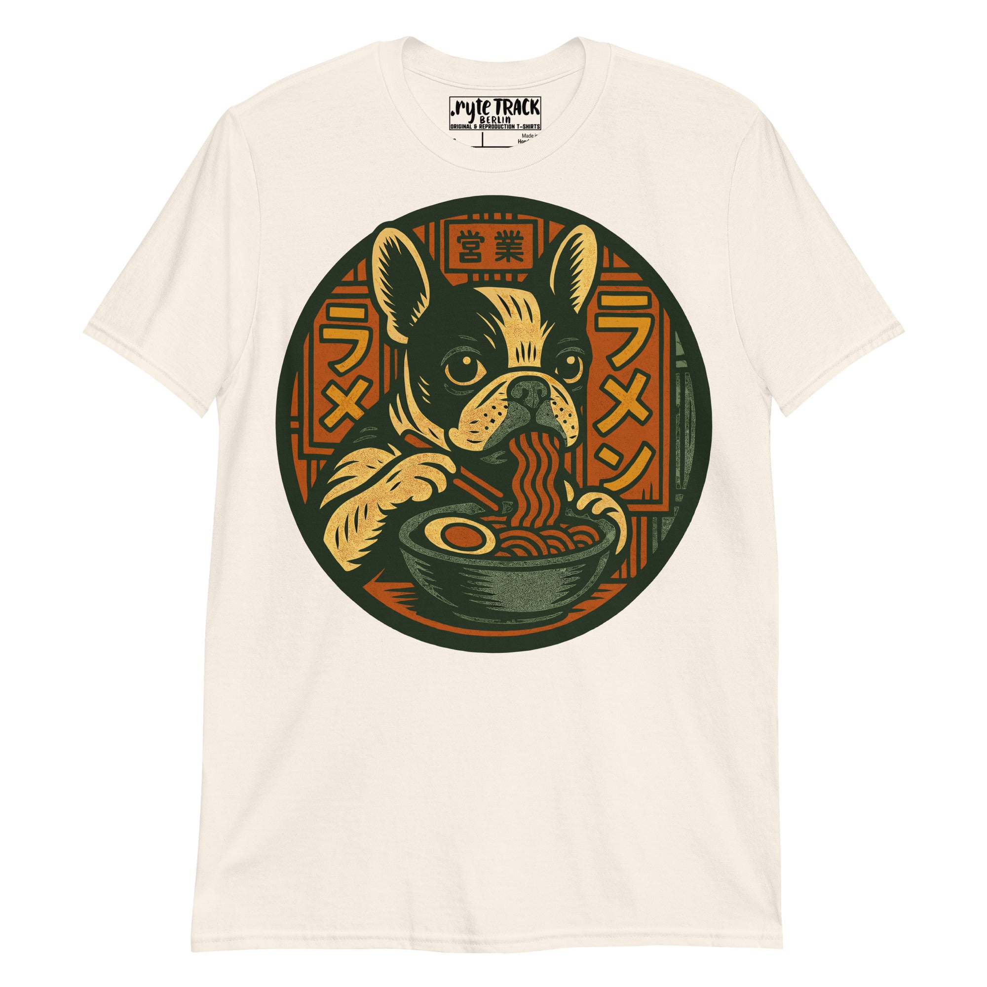 French Bulldog Eating Ramen Noodles T-Shirt – Cute dog lover gift, anime food humor tee, quirky novelty graphic shirt.