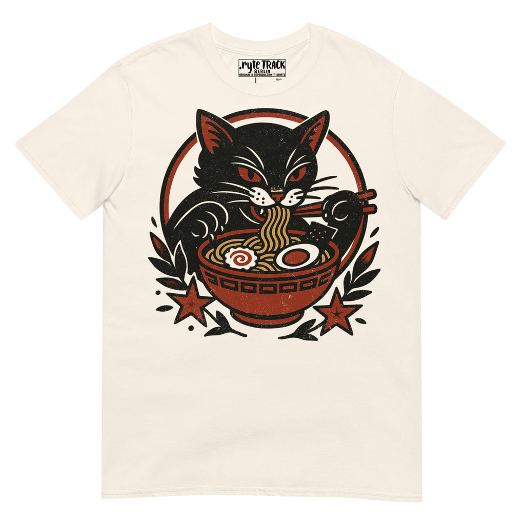 Tattoo-style black cat illustration blending classic flash art with playful modern themes.