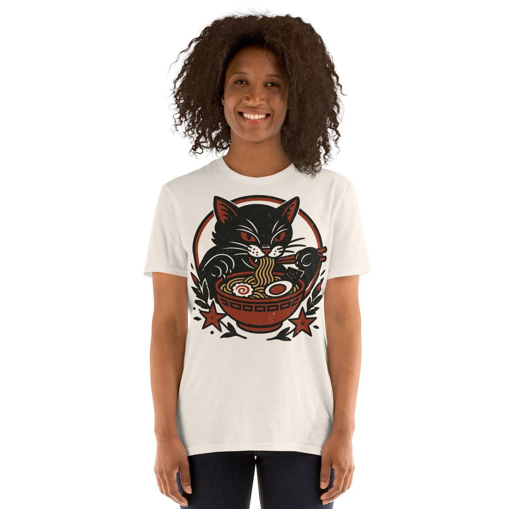 Tattoo-style black cat illustration blending classic flash art with playful modern themes.