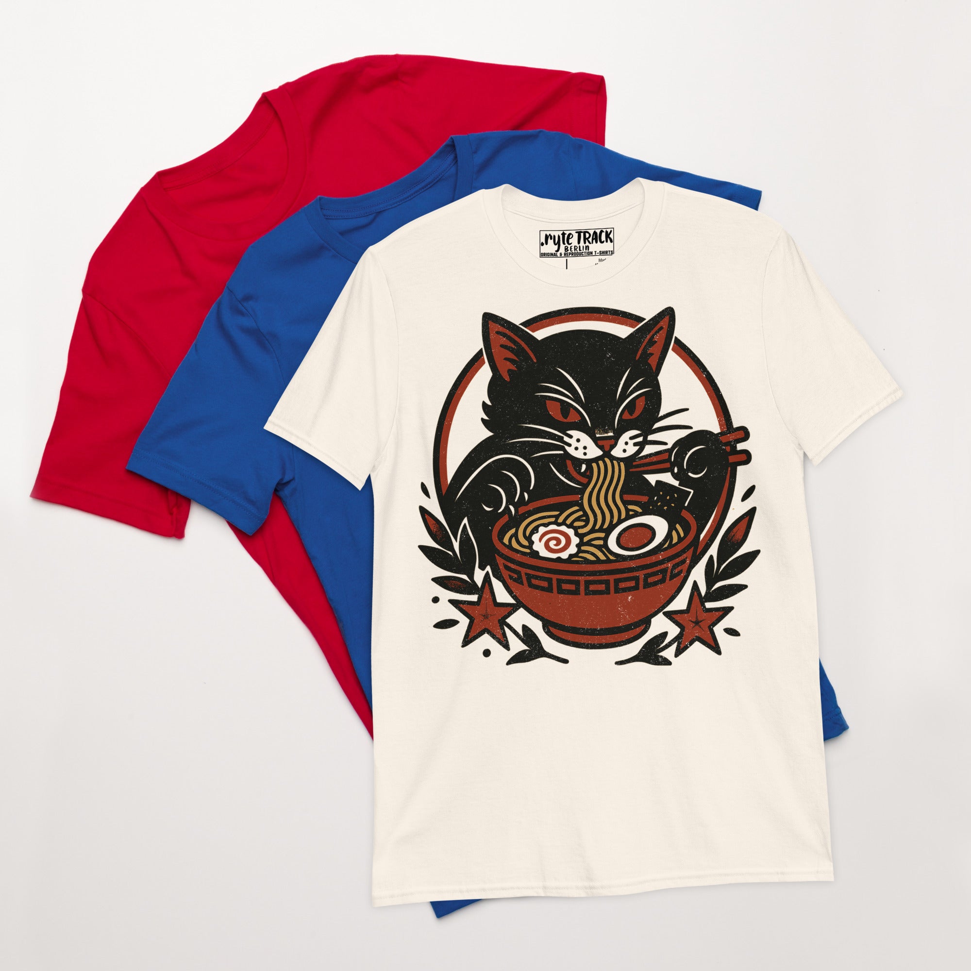 Tattoo-style black cat illustration blending classic flash art with playful modern themes.