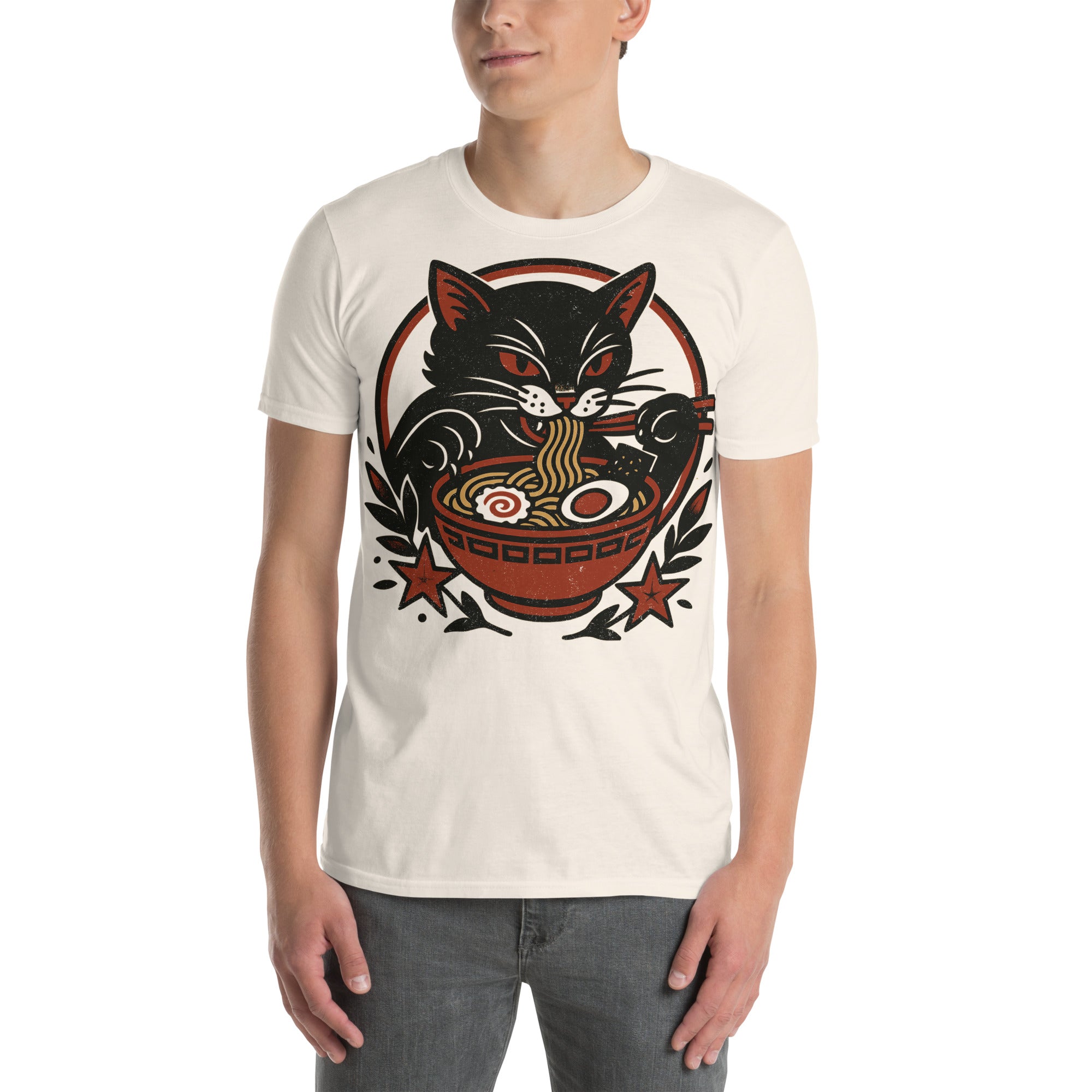 Tattoo-style black cat illustration blending classic flash art with playful modern themes.