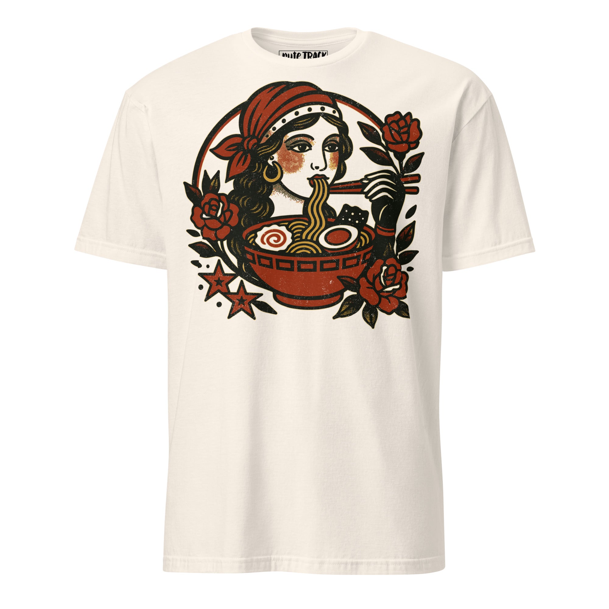 Traditional tattoo portrait of a gypsy girl reimagined with modern noodle-inspired flair.