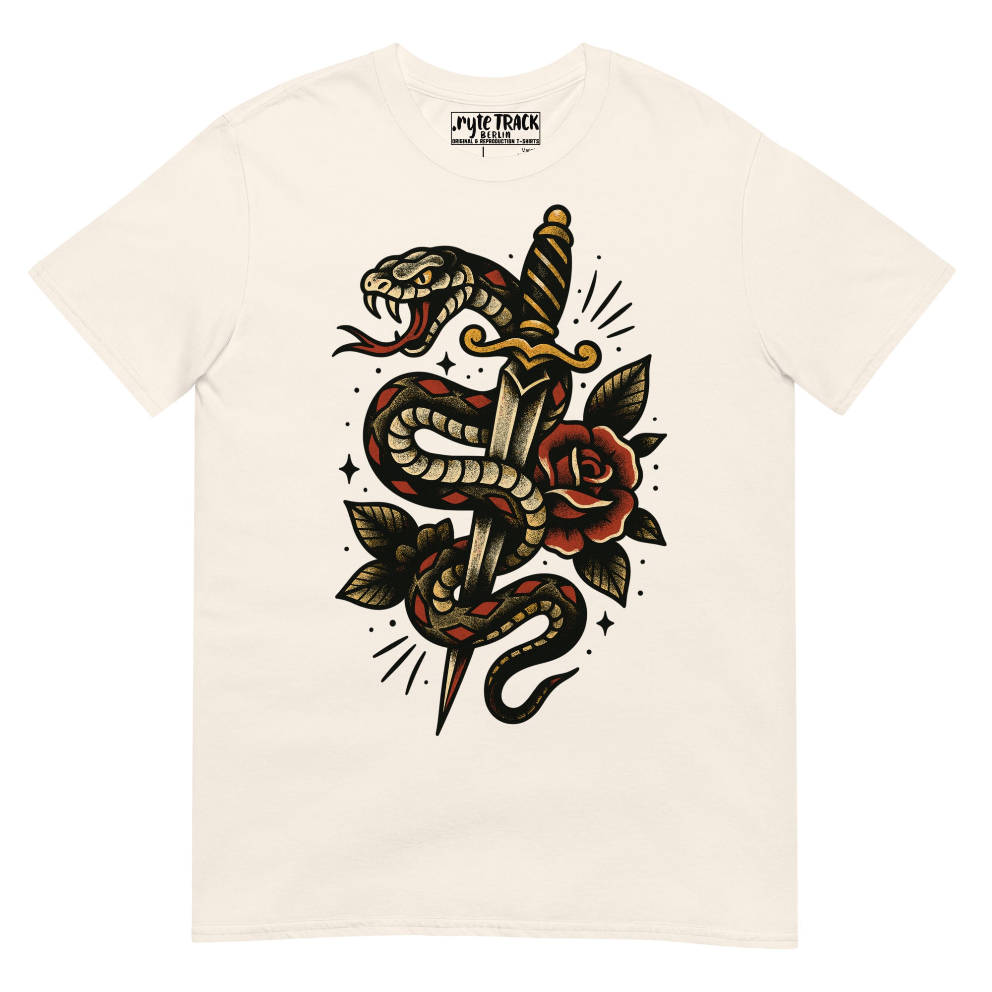 Traditional snake and dagger tattoo T-Shirt design inspired by vintage American tattoo flash and bold old school symbolism.