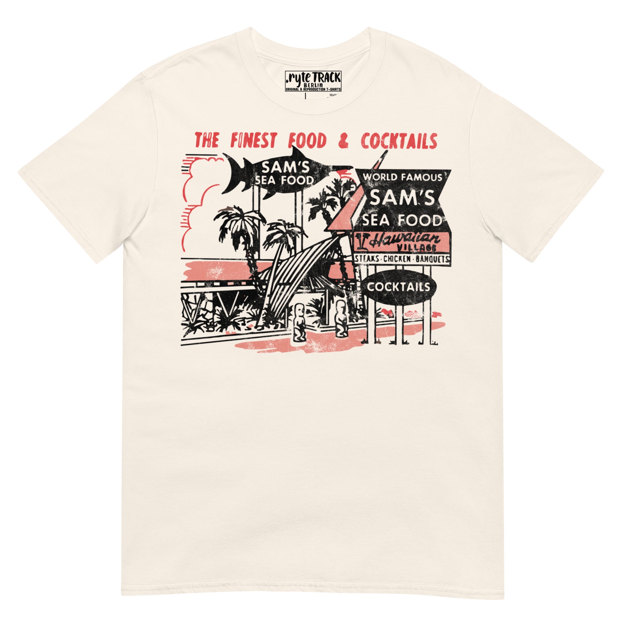 Vintage Sam’s Seafood tiki bar design inspired by authentic 1950s matchbook advertising art, capturing the spirit of Polynesian pop, cocktail lounges, and mid-century Hawaiian style.