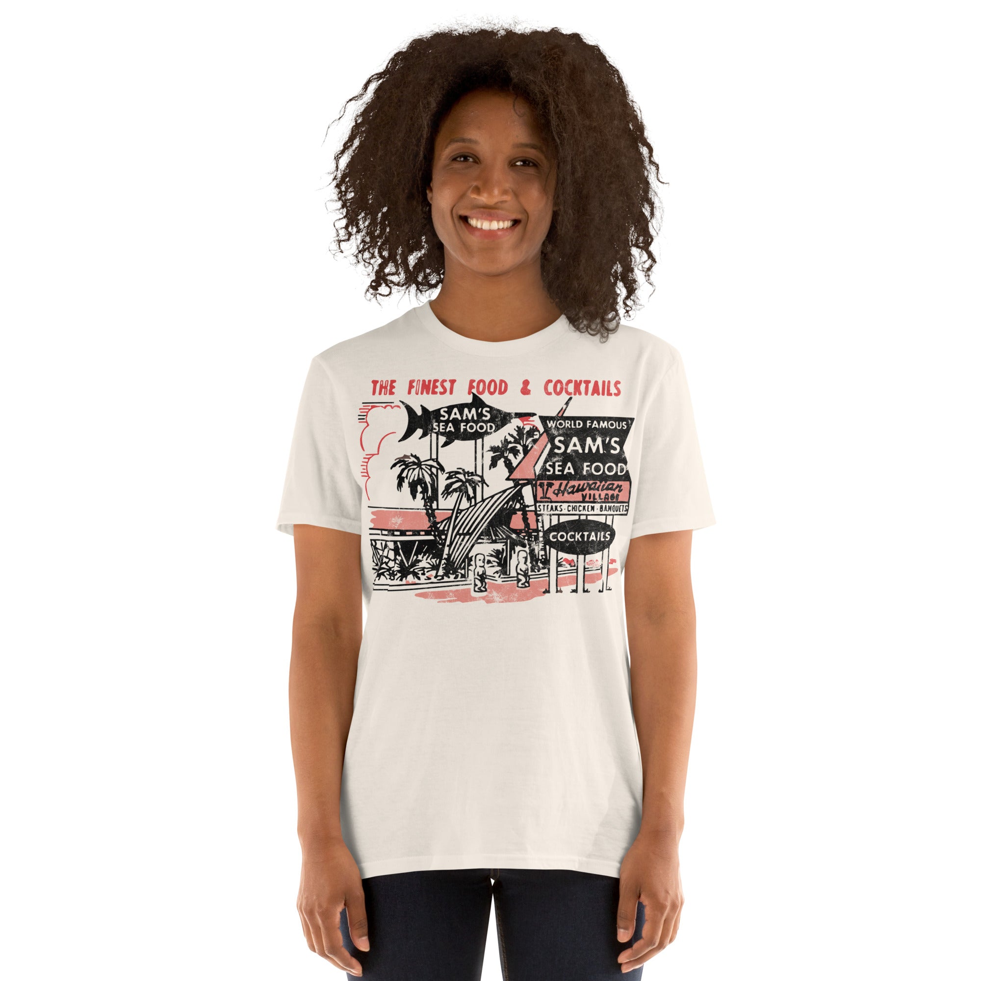 Vintage Sam’s Seafood tiki bar design inspired by authentic 1950s matchbook advertising art, capturing the spirit of Polynesian pop, cocktail lounges, and mid-century Hawaiian style.