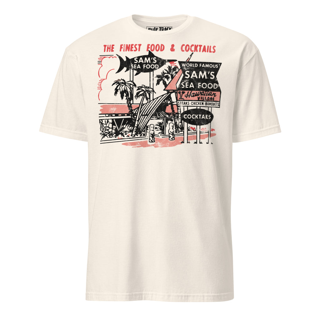 Vintage Sam’s Seafood tiki bar design inspired by authentic 1950s matchbook advertising art, capturing the spirit of Polynesian pop, cocktail lounges, and mid-century Hawaiian style.