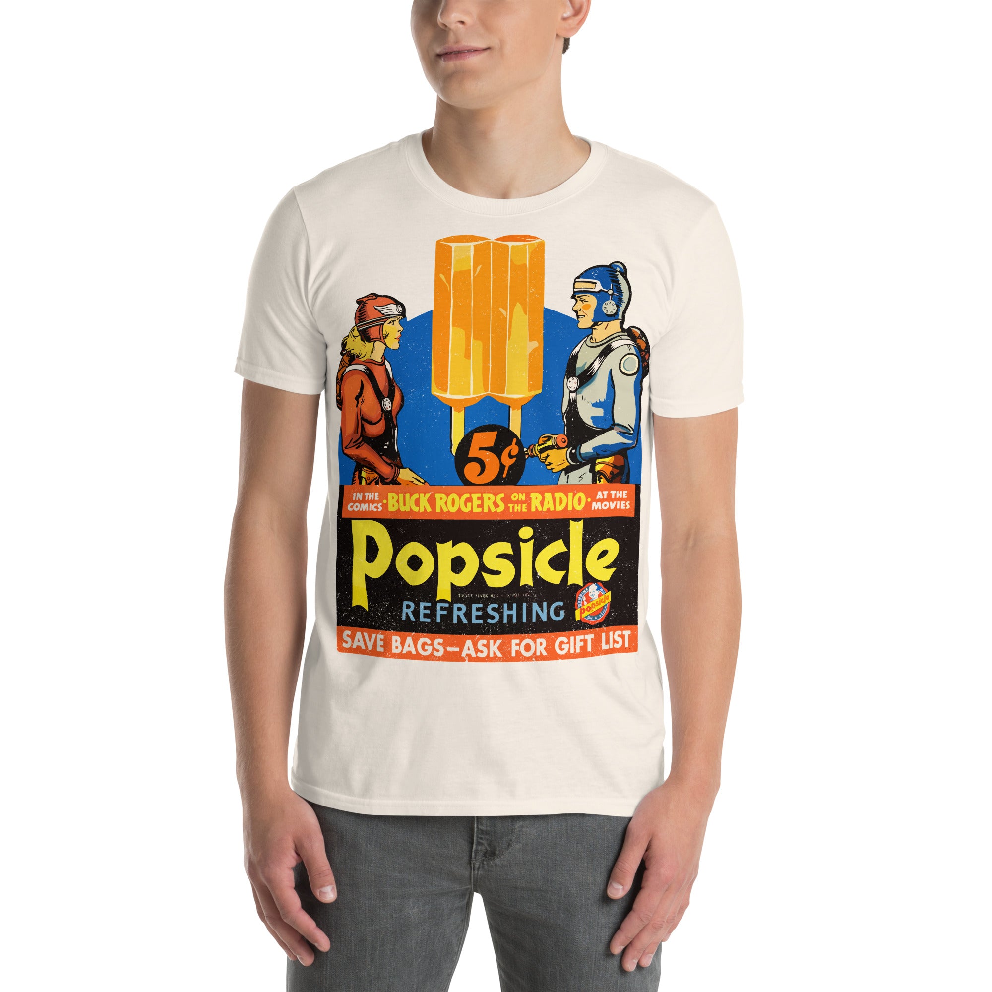 1930s Popsicle advertisement featuring Buck Rogers. Vintage comic art meets retro American advertising in this restored public domain sci-fi classic.