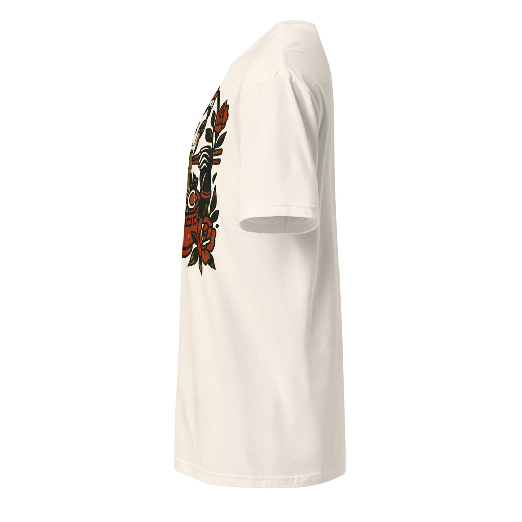 Traditional tattoo portrait of a gypsy girl reimagined with modern noodle-inspired flair.