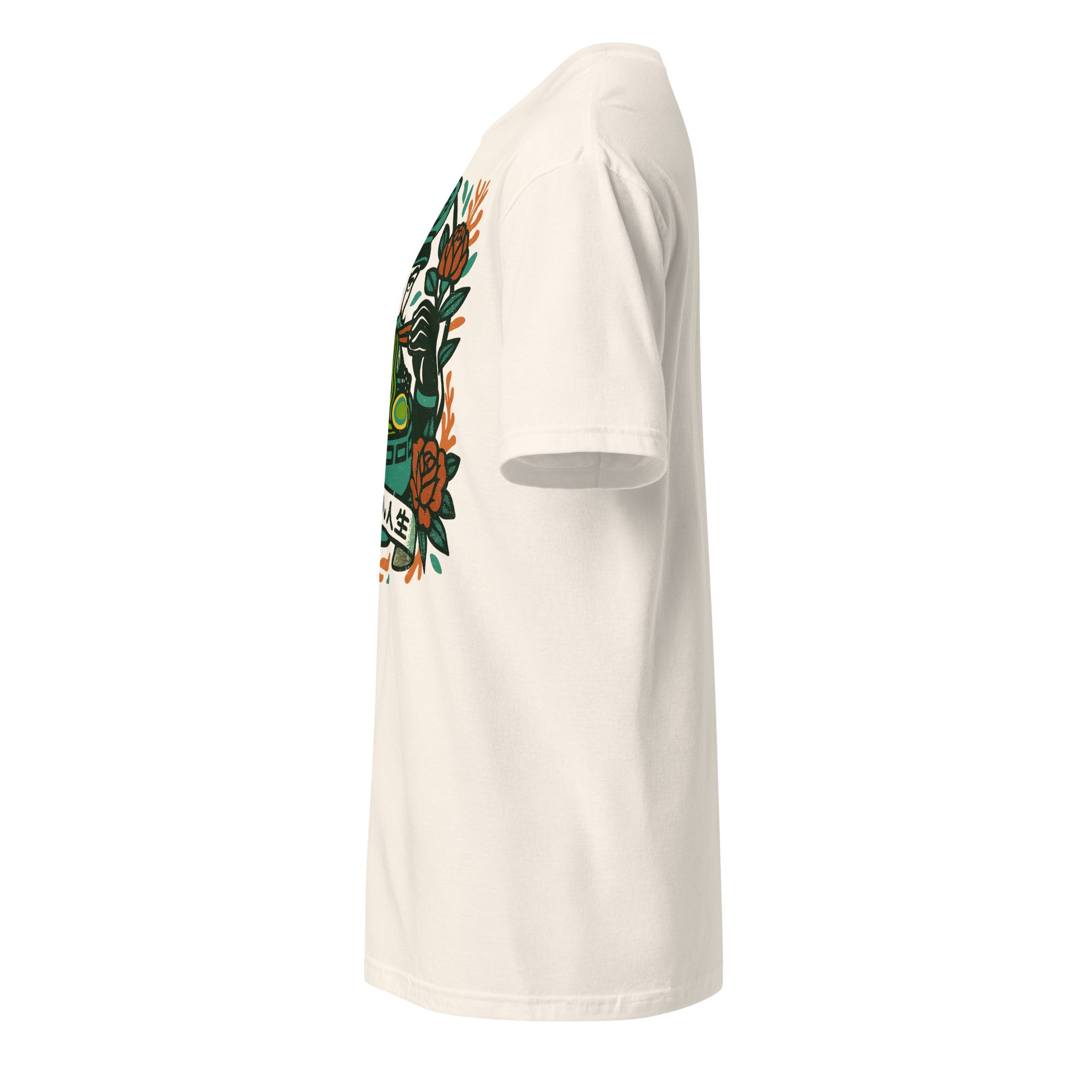 A T-Shirt with a vintage style image of a sea captain eating noodles