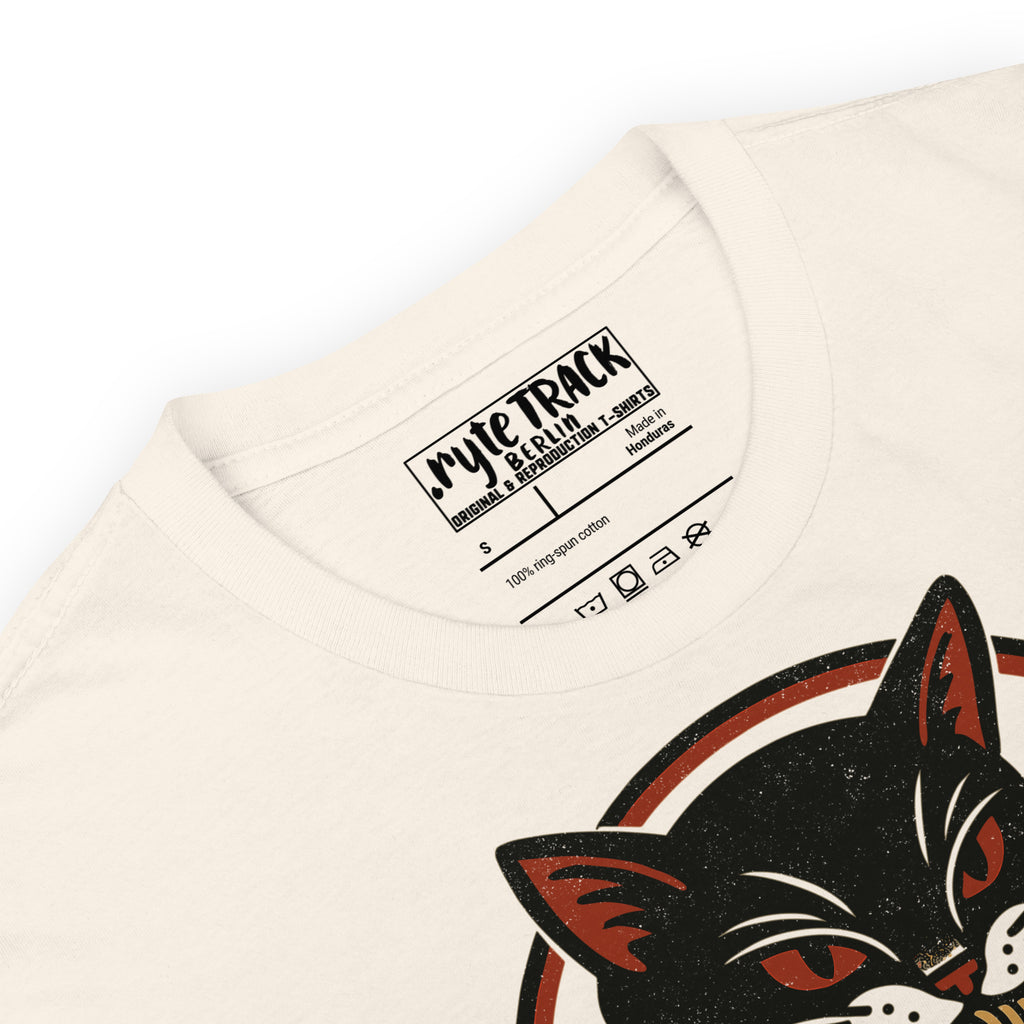 Tattoo-style black cat illustration blending classic flash art with playful modern themes.