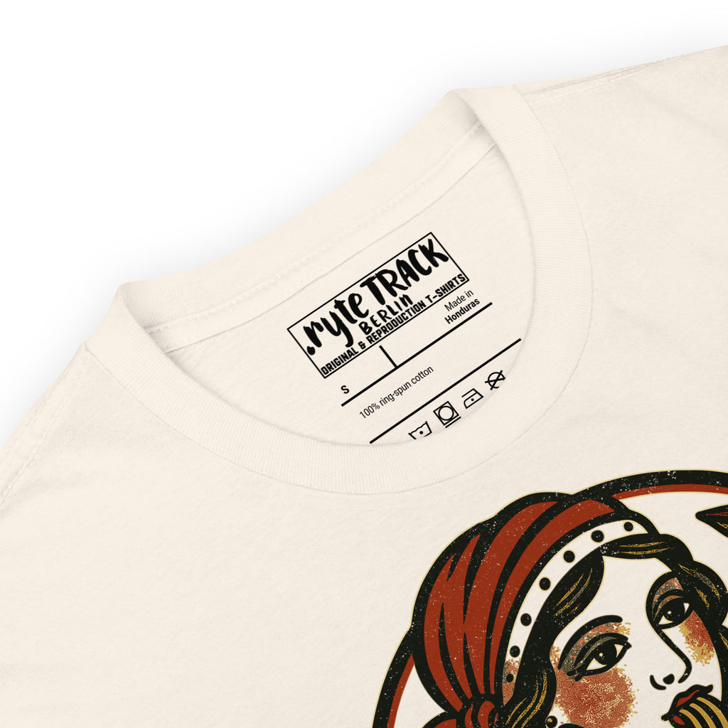 Traditional tattoo portrait of a gypsy girl reimagined with modern noodle-inspired flair.