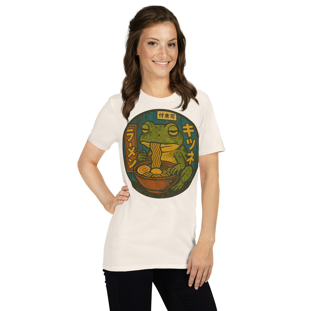 Frog Eating Ramen Noodles T-Shirt – Cute frog lover gift, anime food humor tee, quirky novelty graphic shirt for adults.