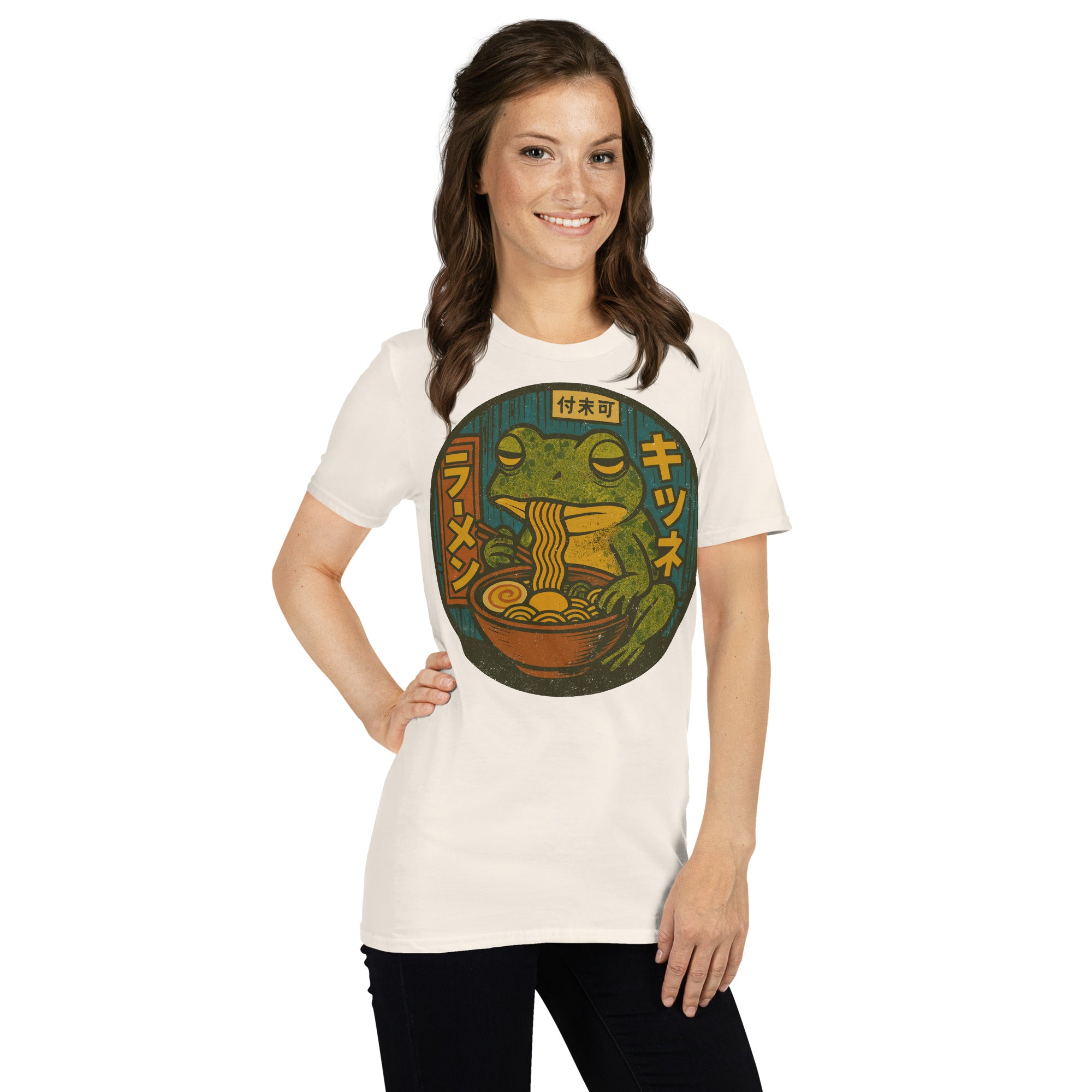 Frog Eating Ramen Noodles T-Shirt – Cute frog lover gift, anime food humor tee, quirky novelty graphic shirt for adults.