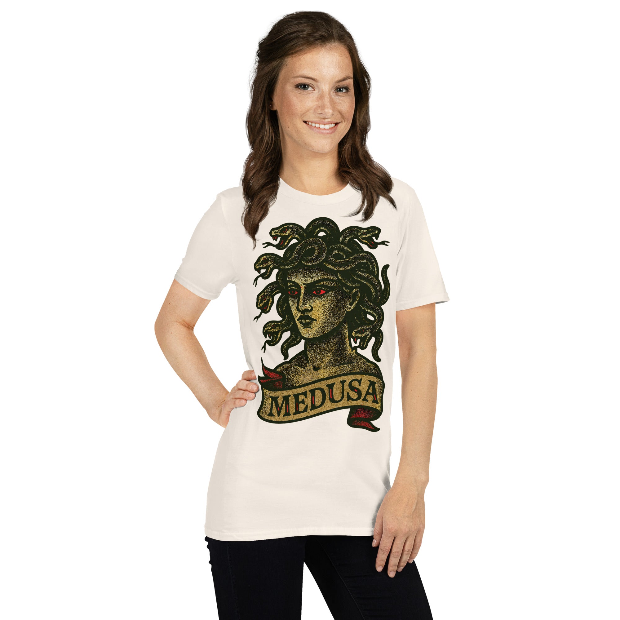 Medusa Greek mythology tattoo art inspired by classic American traditional tattoo style and ancient myth symbolism…