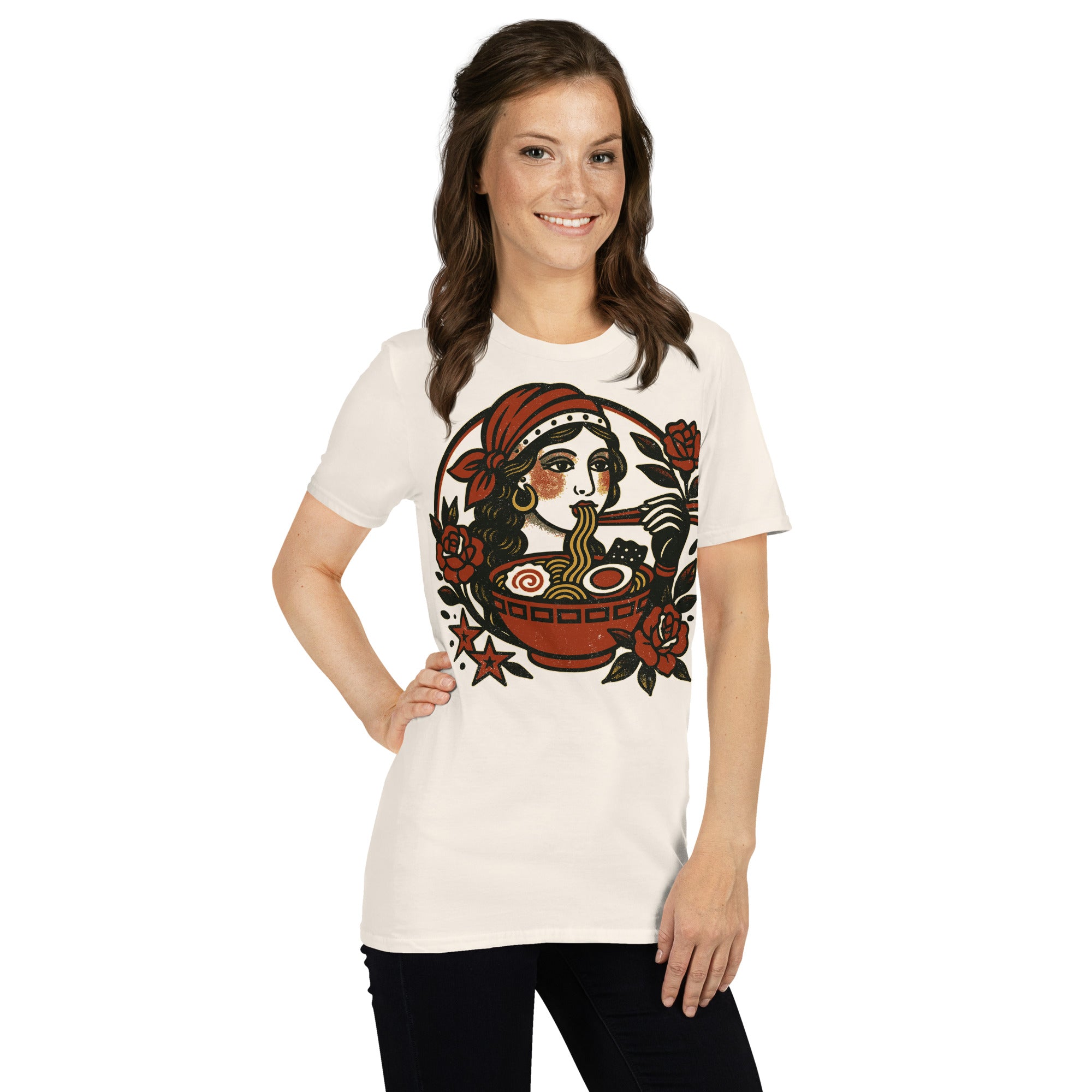 Traditional tattoo portrait of a gypsy girl reimagined with modern noodle-inspired flair.