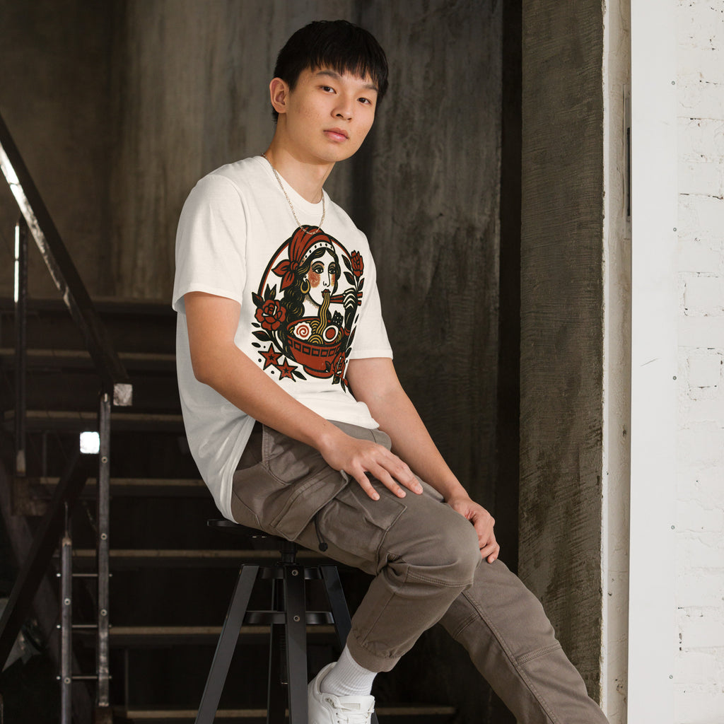 Traditional tattoo portrait of a gypsy girl reimagined with modern noodle-inspired flair.