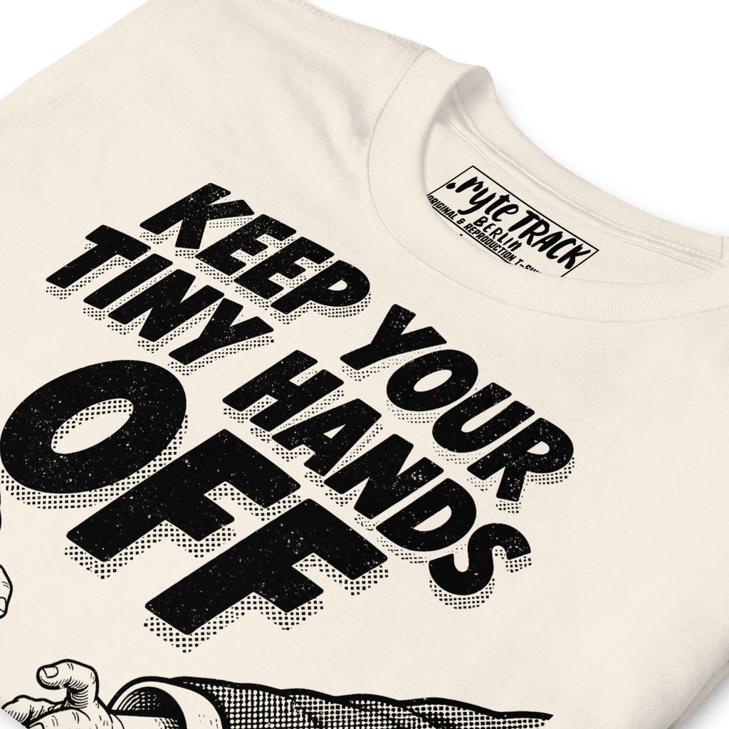 Close up of Hands Off protest t-shirt