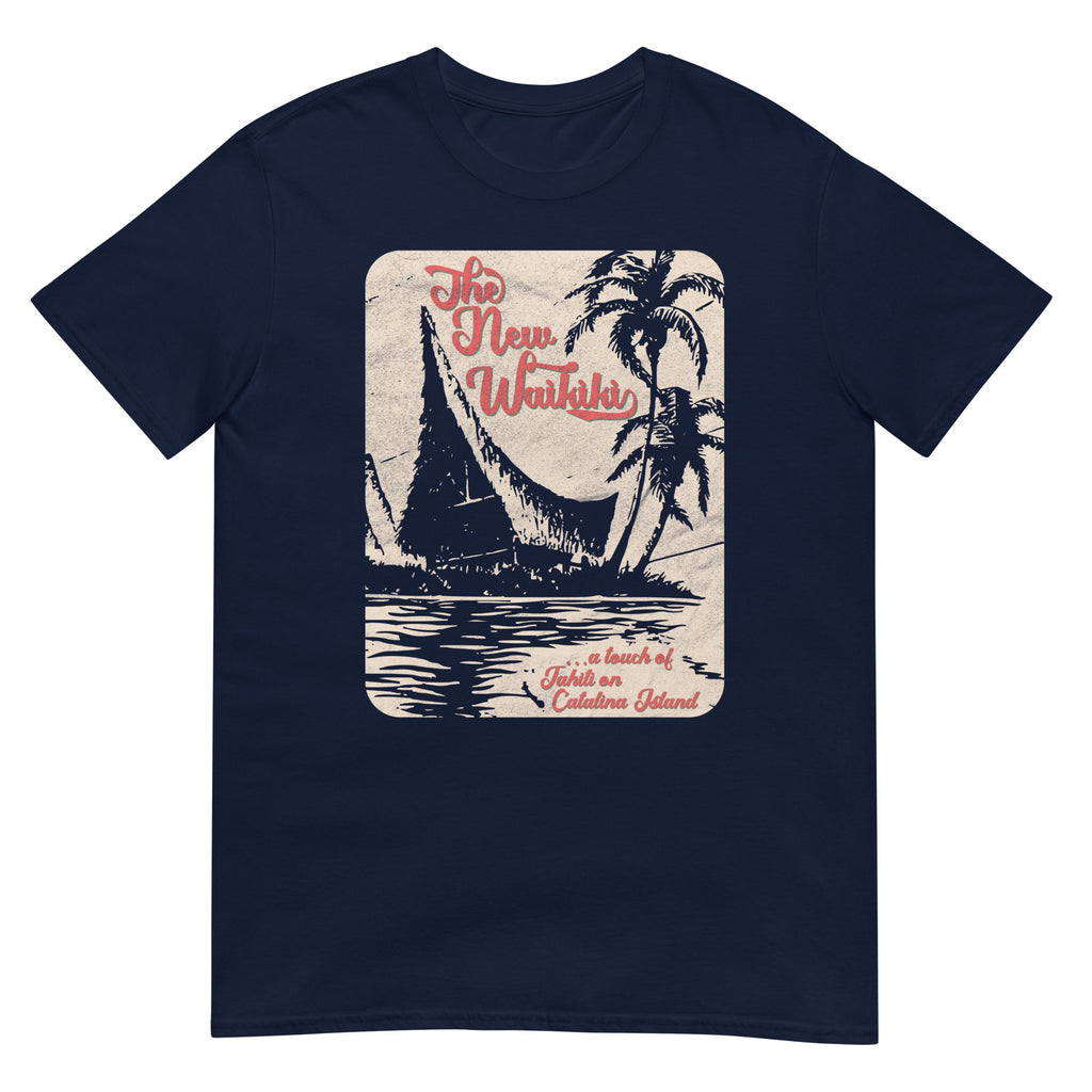 Vintage New Waikiki tiki bar design inspired by 1950s Catalina Island napkin art, blending Hawaiian style, mid-century travel illustration, and tropical tiki culture.