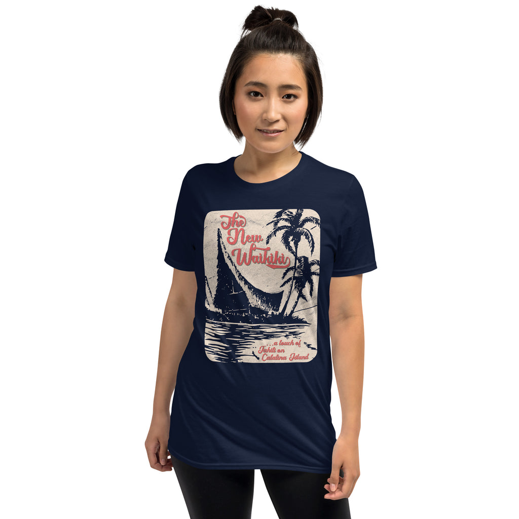 Vintage New Waikiki tiki bar design inspired by 1950s Catalina Island napkin art, blending Hawaiian style, mid-century travel illustration, and tropical tiki culture.