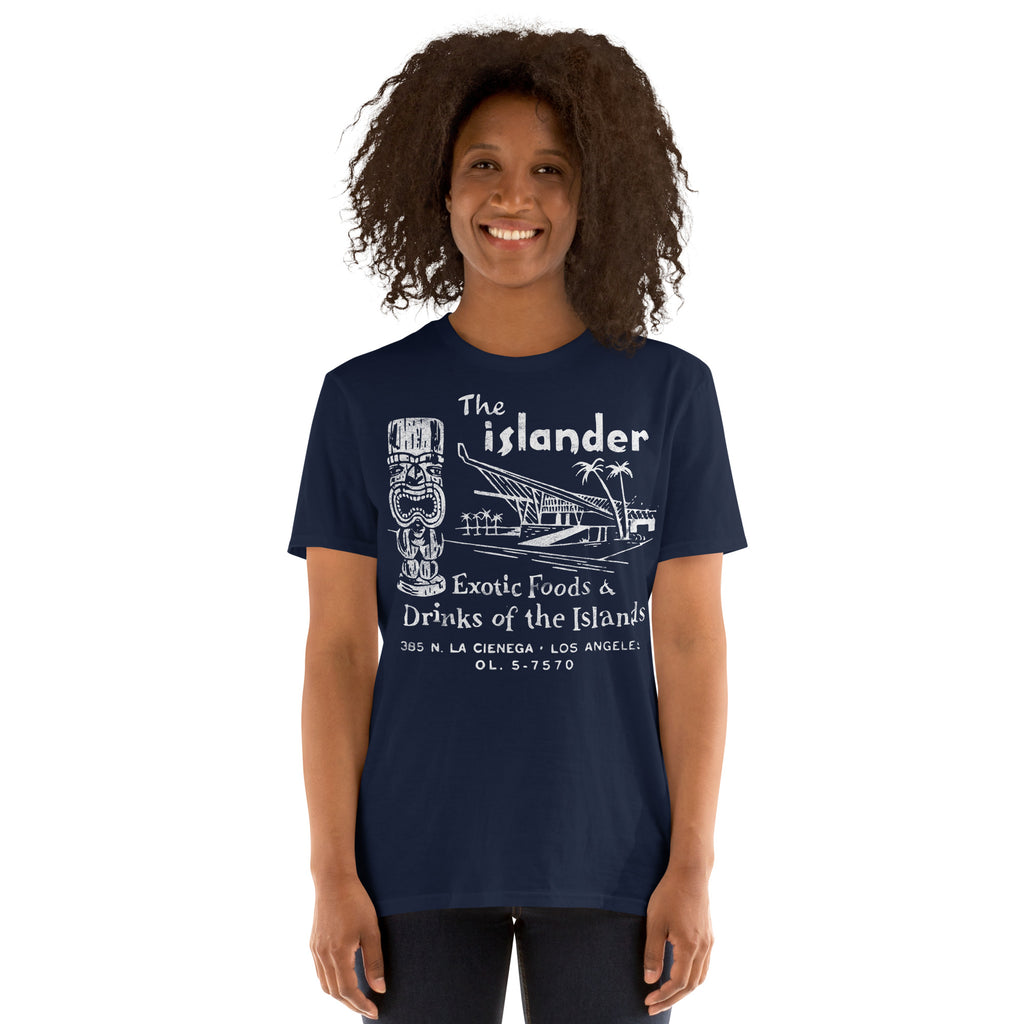 Vintage tribute to The Islander tiki bar in Los Angeles, featuring mid-century matchbook style art, Polynesian pop culture, and iconic A-frame architecture.