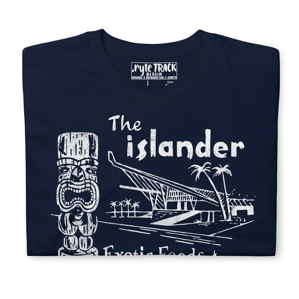 Vintage tribute to The Islander tiki bar in Los Angeles, featuring mid-century matchbook style art, Polynesian pop culture, and iconic A-frame architecture.
