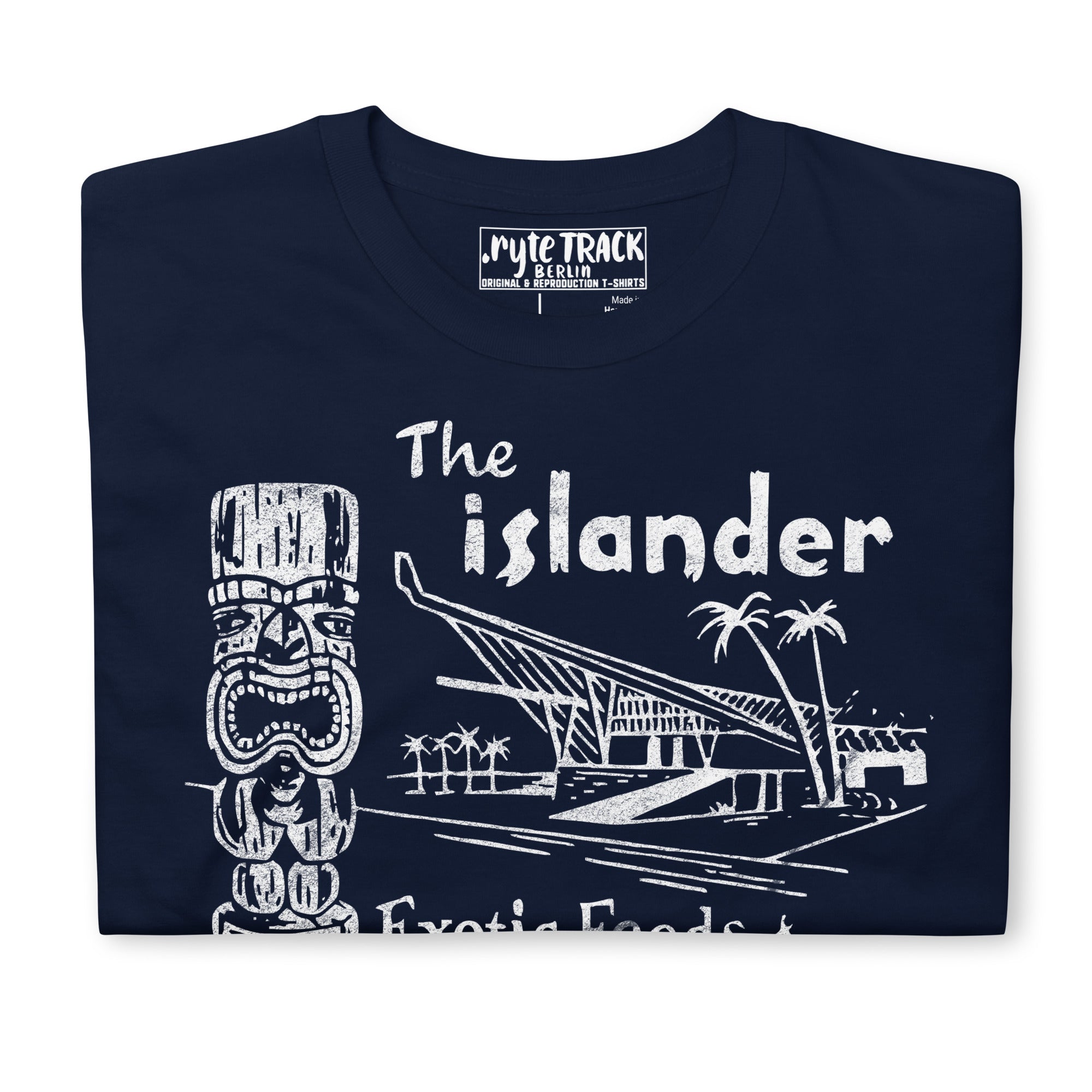 Vintage tribute to The Islander tiki bar in Los Angeles, featuring mid-century matchbook style art, Polynesian pop culture, and iconic A-frame architecture.