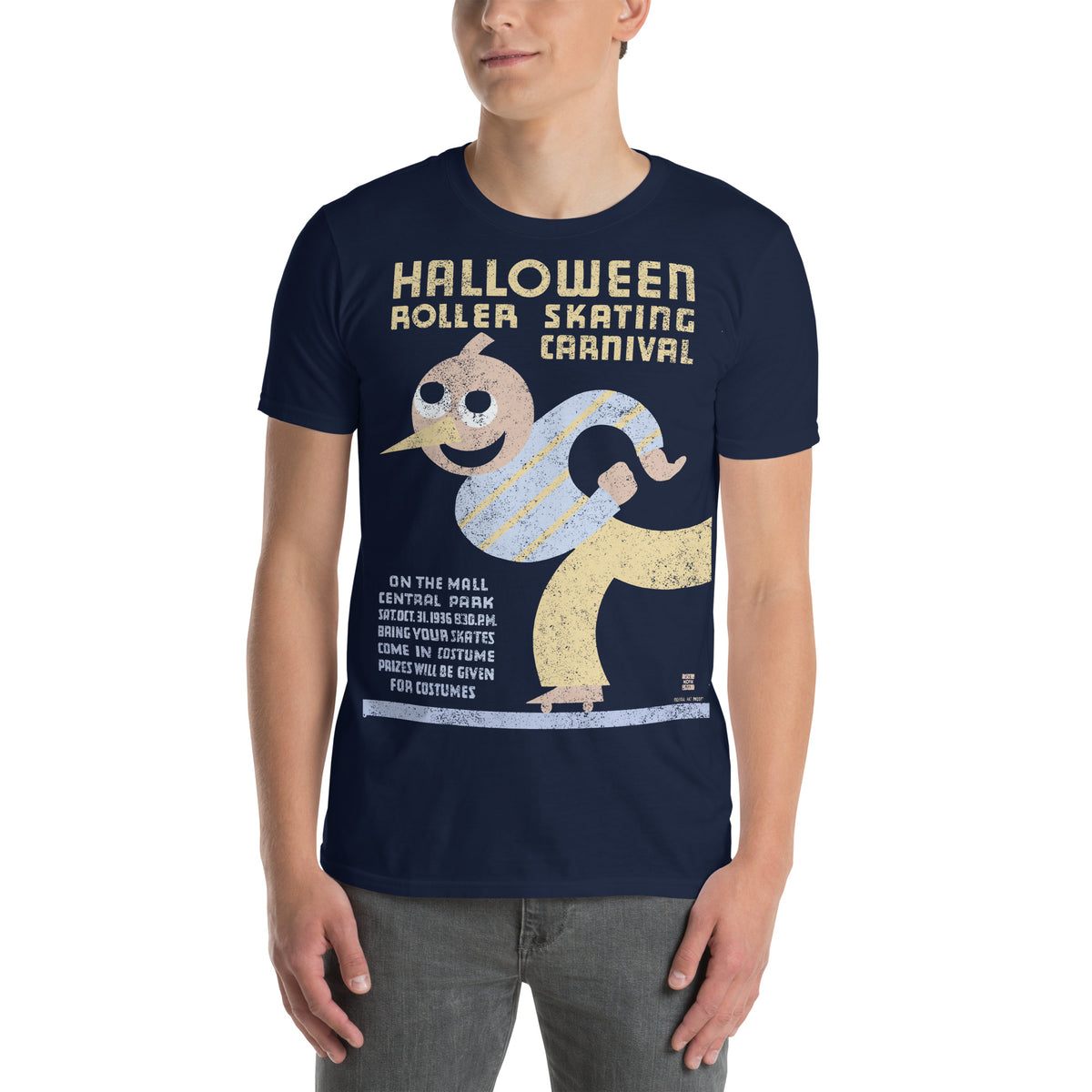 Man wearing a navy color Halloween T-Shirt