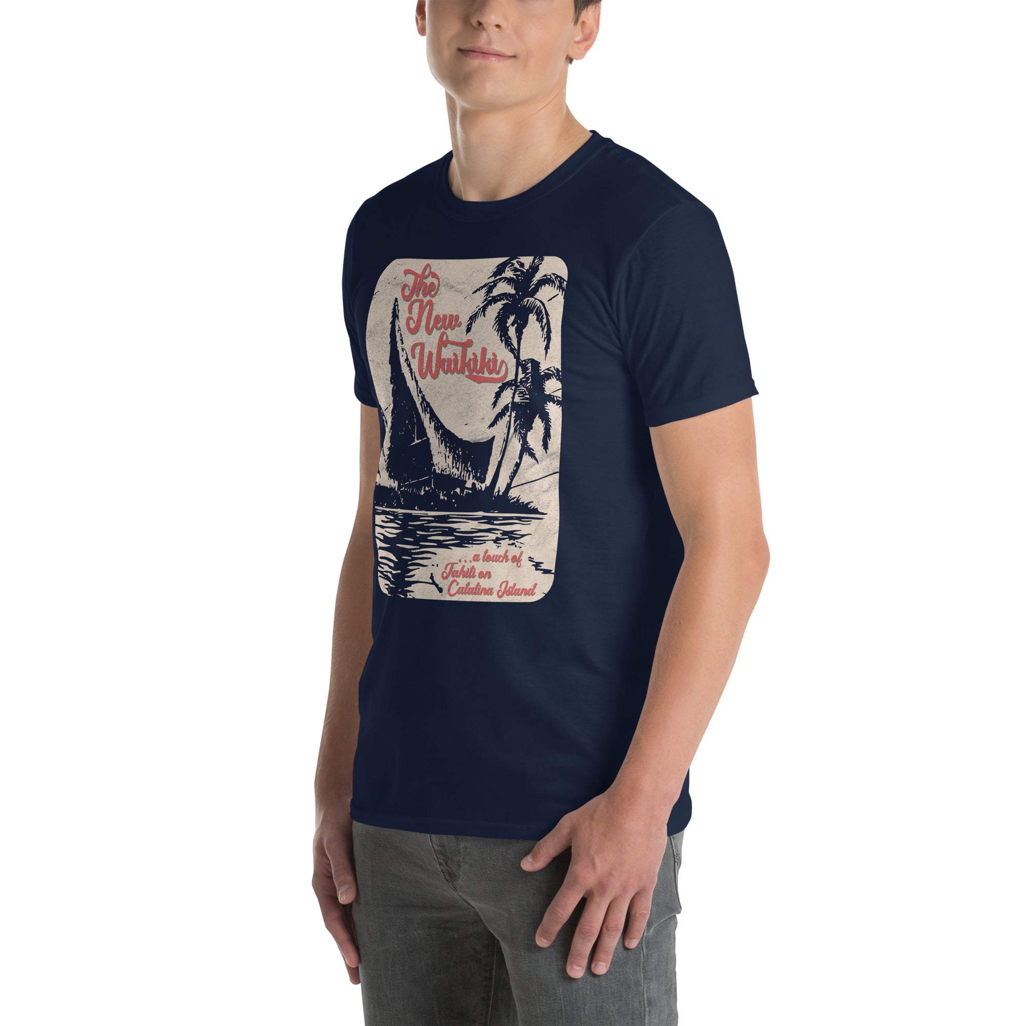 Vintage New Waikiki tiki bar design inspired by 1950s Catalina Island napkin art, blending Hawaiian style, mid-century travel illustration, and tropical tiki culture.