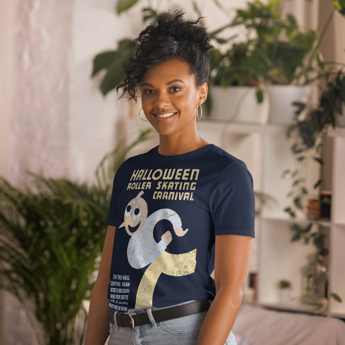 woman wearing a navy color Halloween T-Shirt