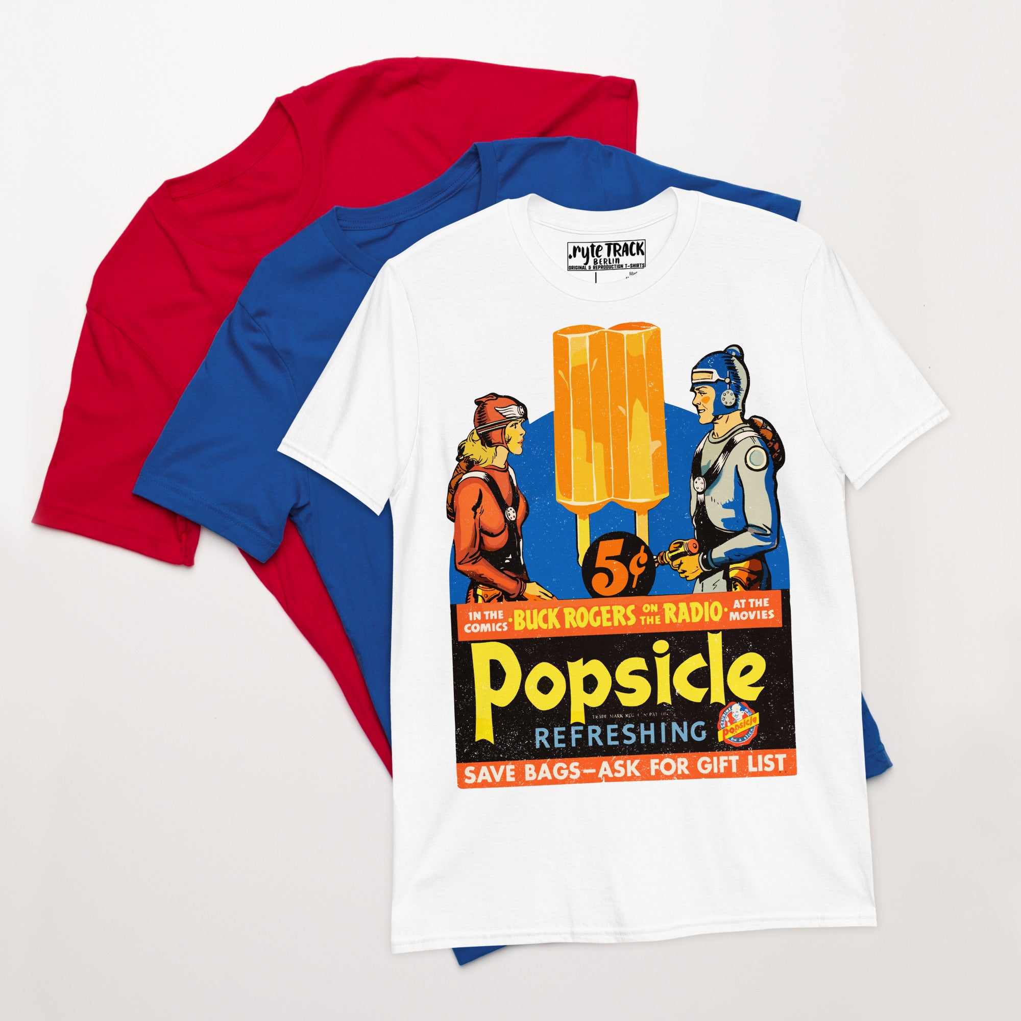 1930s Popsicle advertisement featuring Buck Rogers. Vintage comic art meets retro American advertising in this restored public domain sci-fi classic.