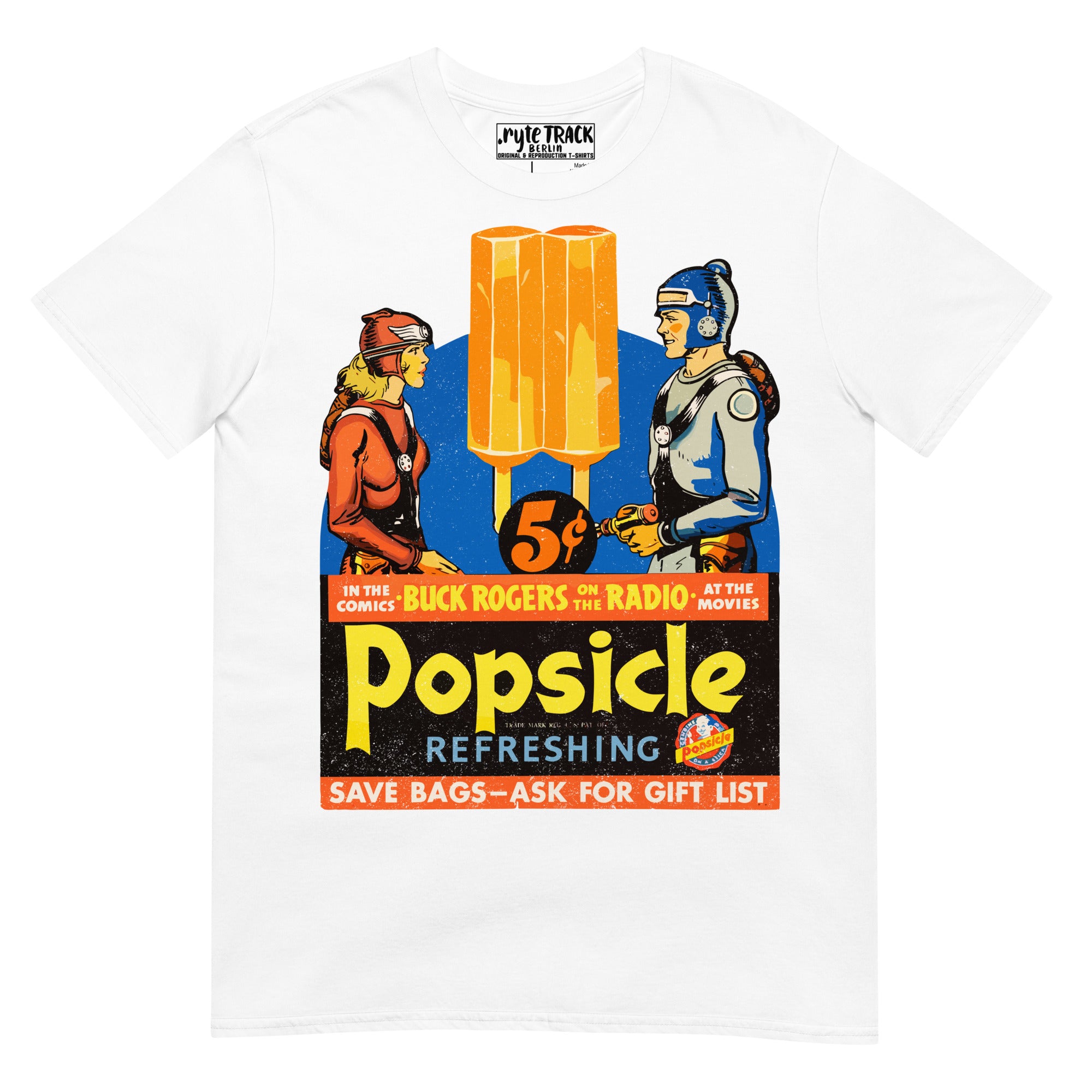 1930s Popsicle advertisement featuring Buck Rogers. Vintage comic art meets retro American advertising in this restored public domain sci-fi classic.

