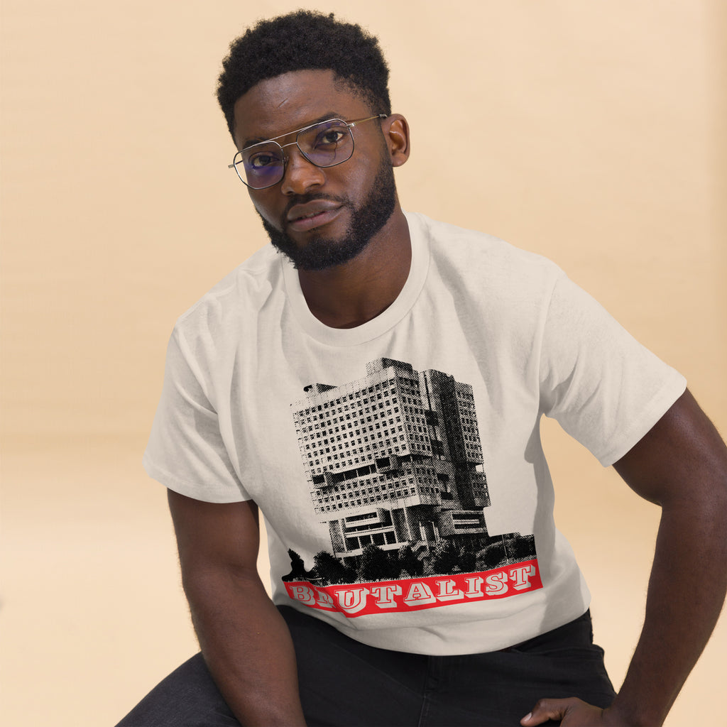 T-shirt with a graphic of a building and the word 'BRUTALIST' on a white background