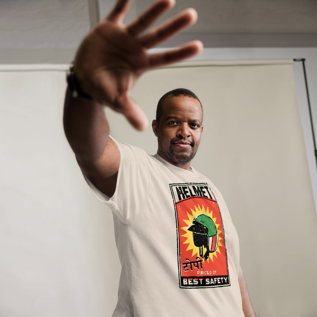 man wearing a t-shirt with motorcycle helmet graphic