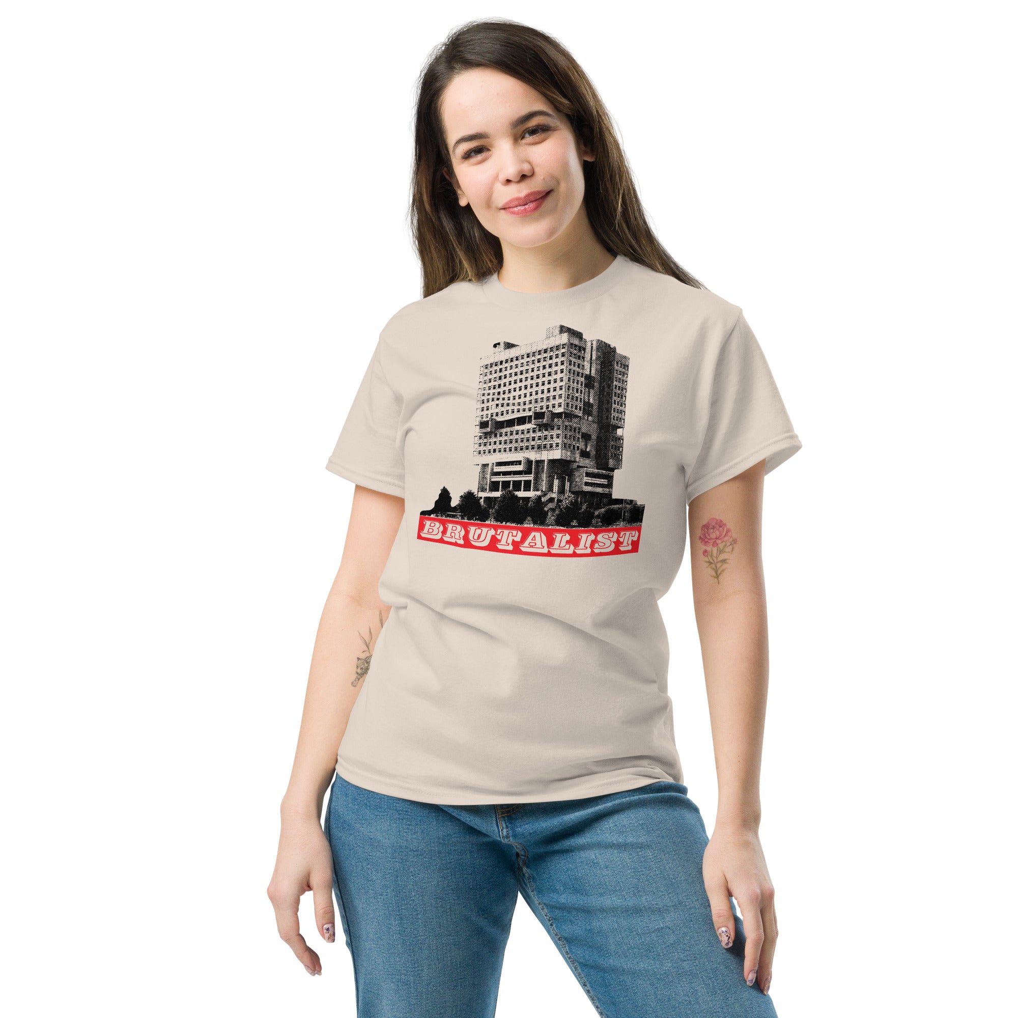 T-shirt with a graphic of a building and the word 'BRUTALIST' on a white background