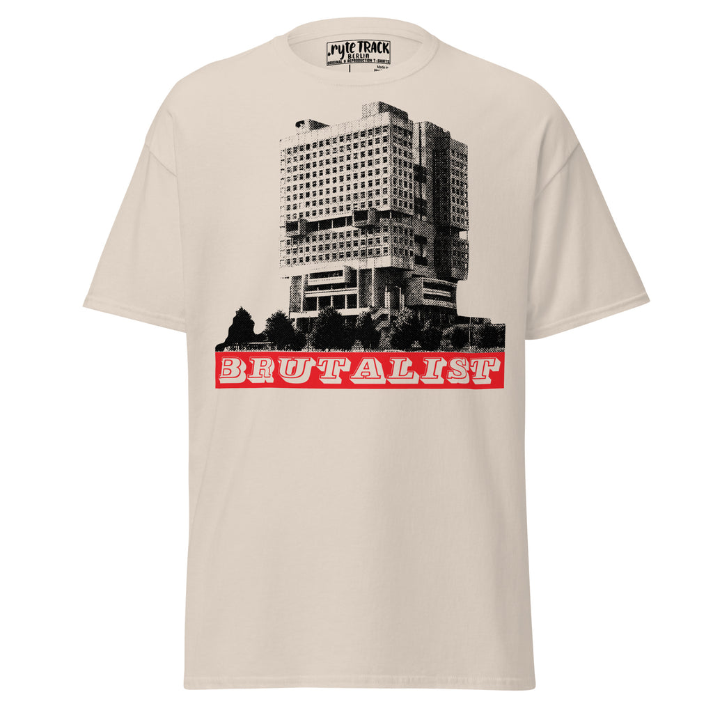 T-shirt with a graphic of a building and the word 'BRUTALIST' on a white background