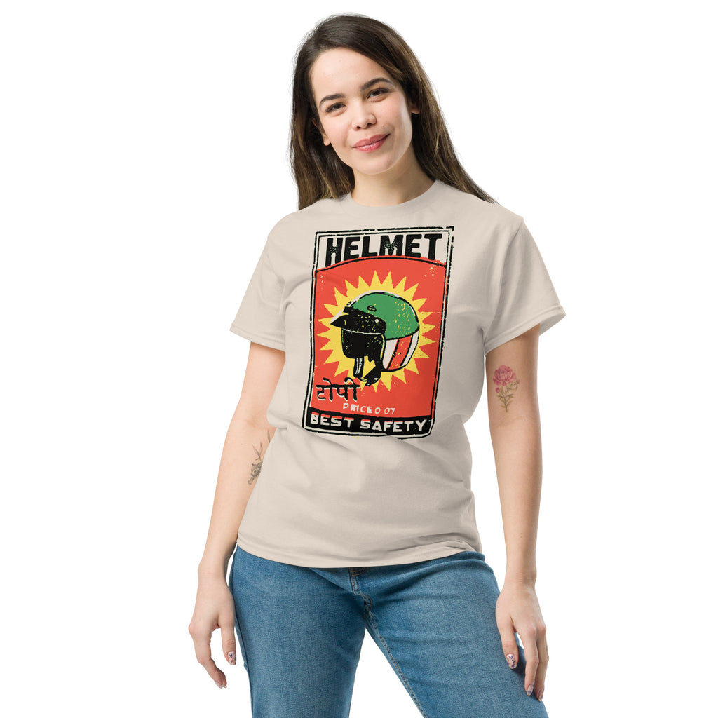 woman wearing a t-shirt with motorcycle helmet graphic